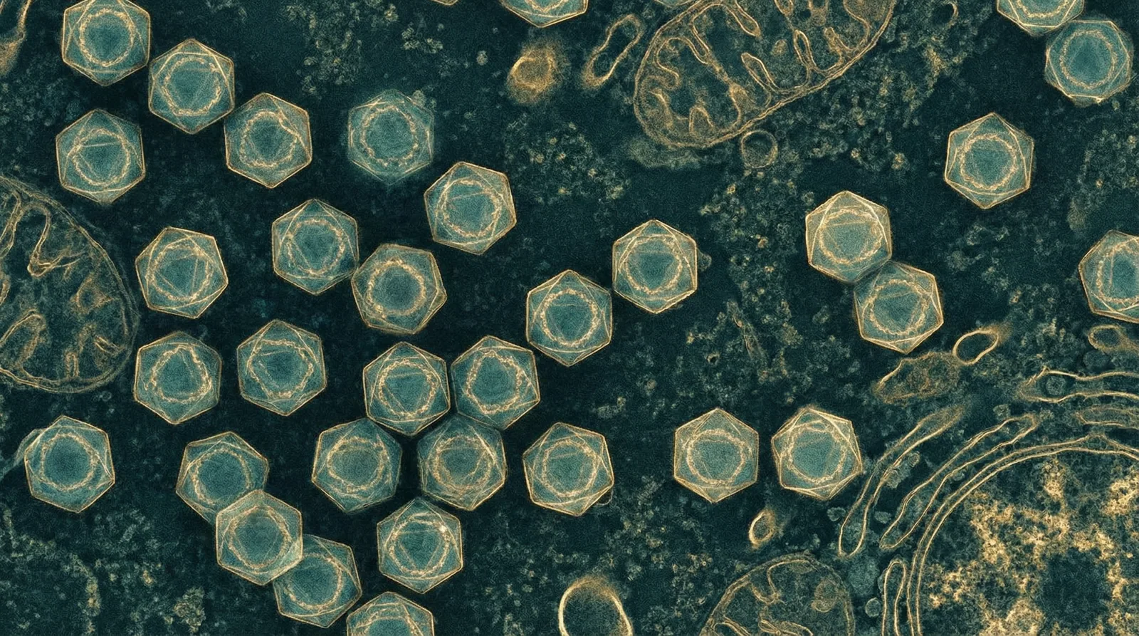 Scientifically accurate microscopy-style illustration of Anelloviridae showing its characteristic small non-enveloped icosahedral virus particles with circular single-stranded DNA
