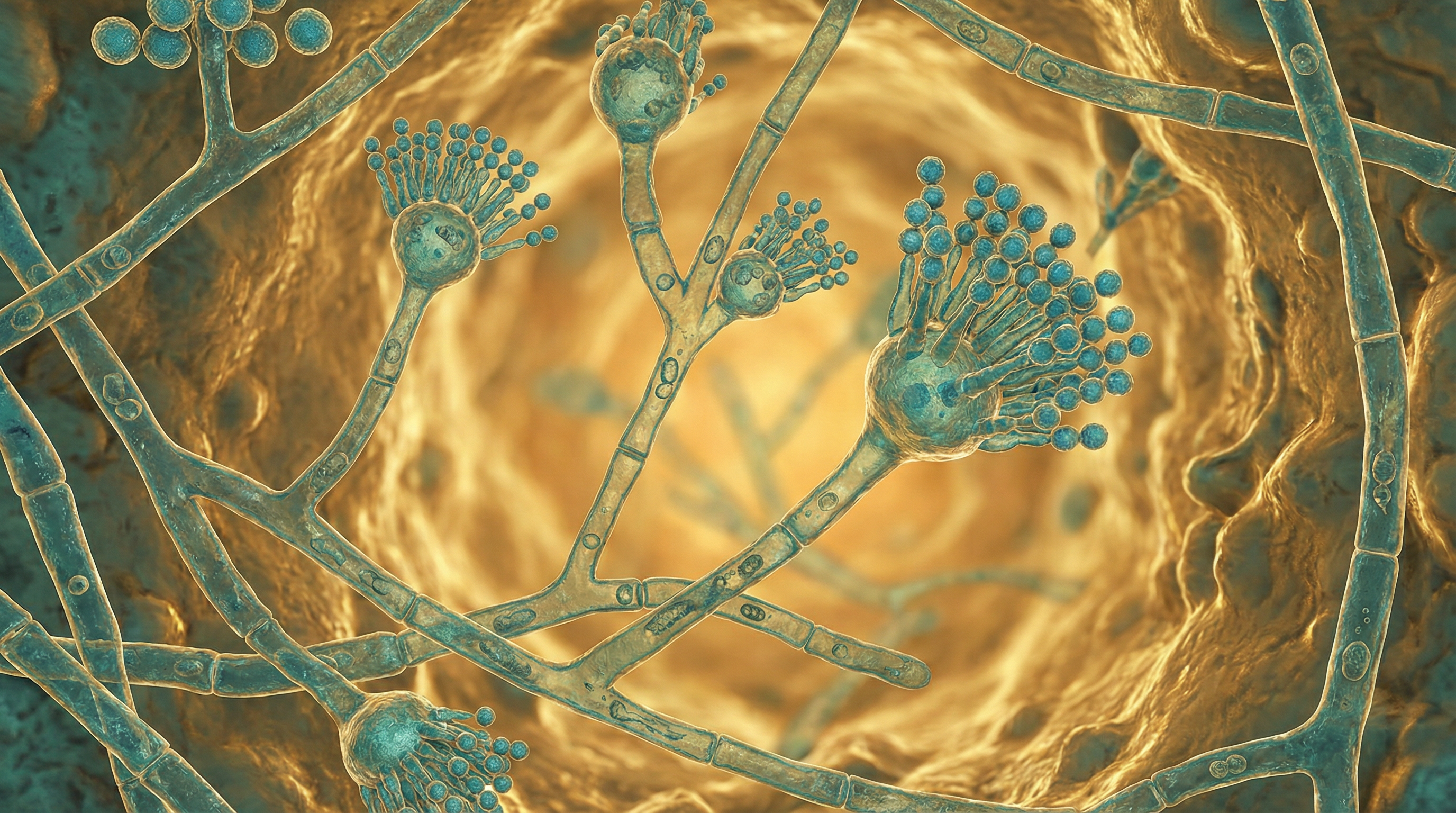 Scientifically accurate microscopy-style illustration of Aspergillus fumigatus showing its characteristic filamentous fungus with septate branching hyphae at 45-degree angles and characteristic conidiophore heads bearing chains of blue-green conidia