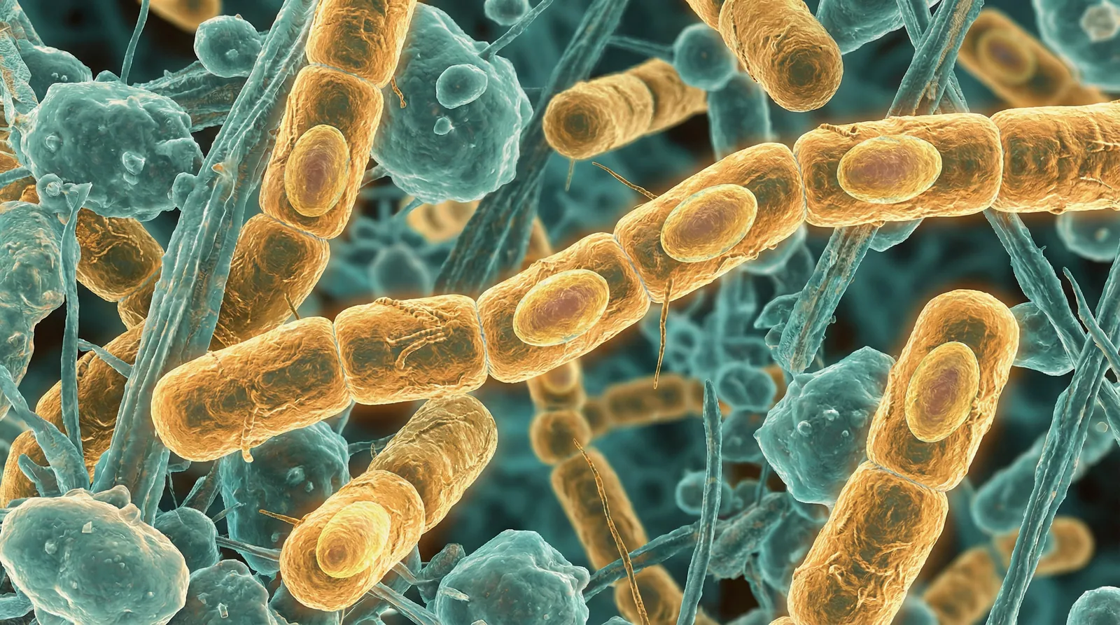 Scientifically accurate microscopy-style illustration of Bacillus cereus showing its characteristic gram-positive large rod-shaped bacterium with central or subterminal endospores