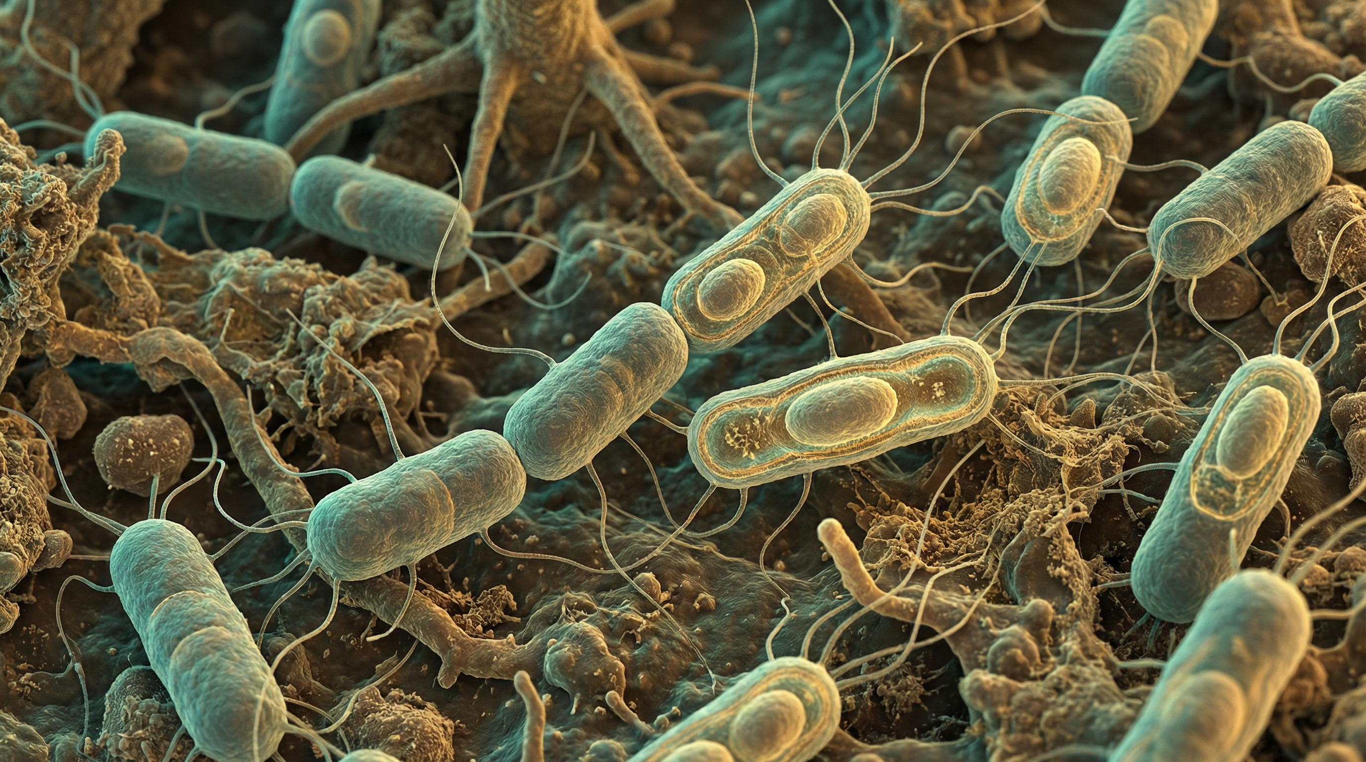 Scientifically accurate microscopy-style illustration of Bacillus subtilis showing its characteristic gram-positive rod-shaped bacterium with central endospores