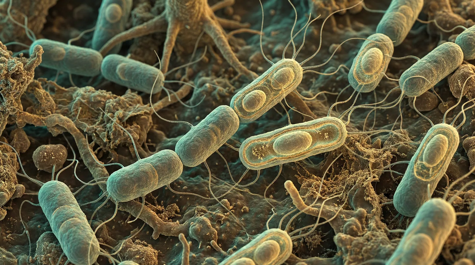 Scientifically accurate microscopy-style illustration of Bacillus subtilis showing its characteristic gram-positive rod-shaped bacterium with central endospores