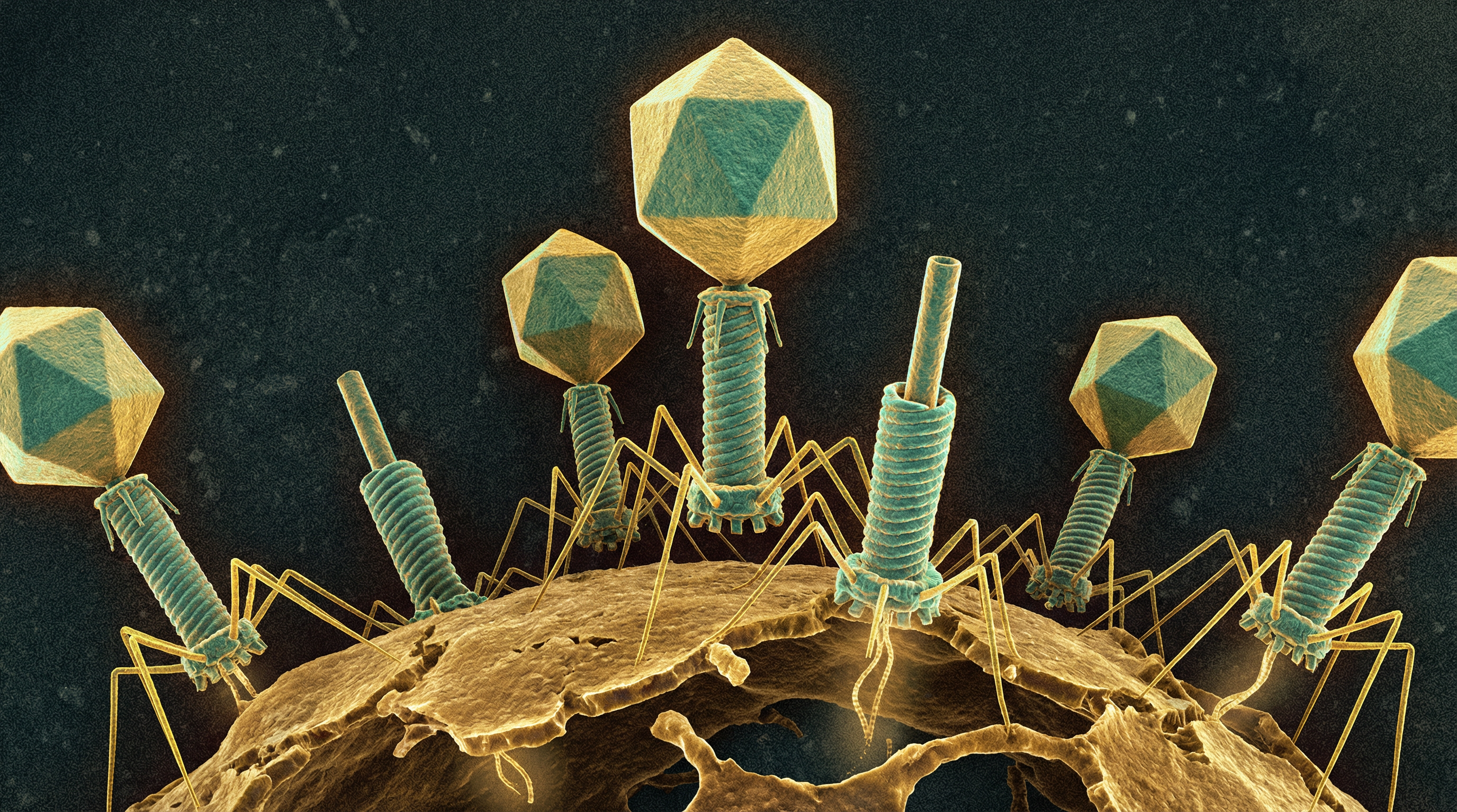 Scientifically accurate microscopy-style illustration of Bacteriophages showing its characteristic classic tailed bacteriophage with icosahedral head (capsid)