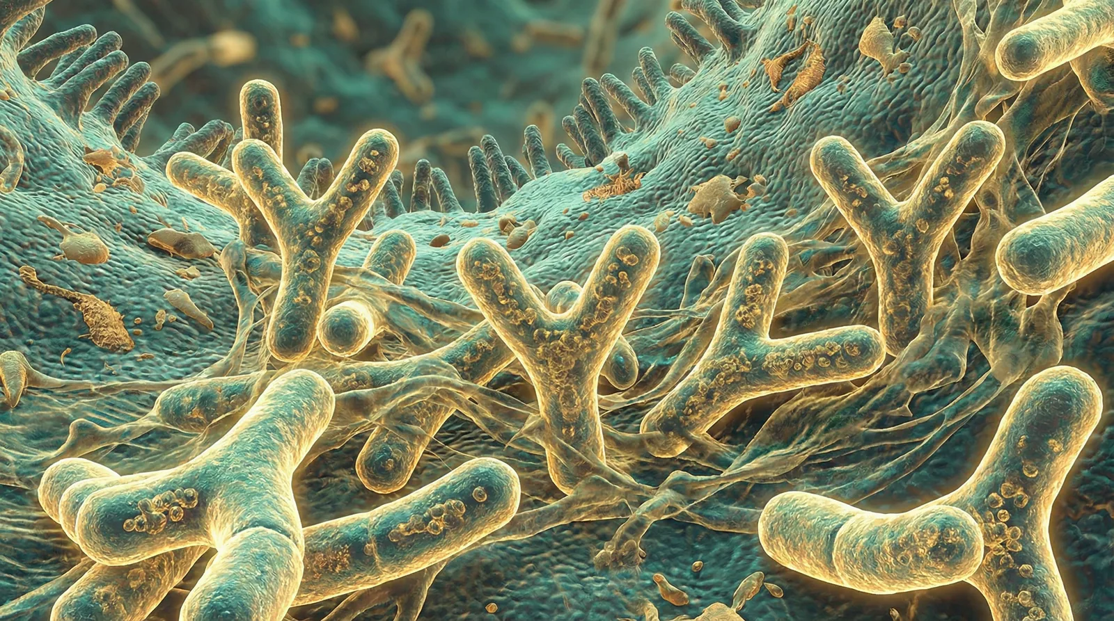Scientifically accurate microscopy-style illustration of Bifidobacterium adolescentis showing its characteristic gram-positive Y-shaped or V-shaped bifurcated rod bacterium