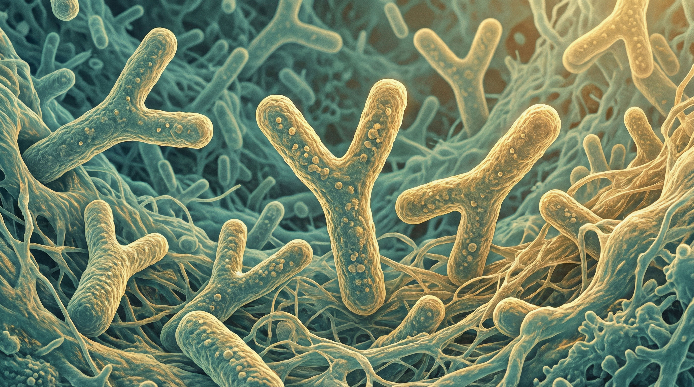 Scientifically accurate microscopy-style illustration of Bifidobacterium bifidum showing its characteristic gram-positive Y-shaped or V-shaped bifurcated rod