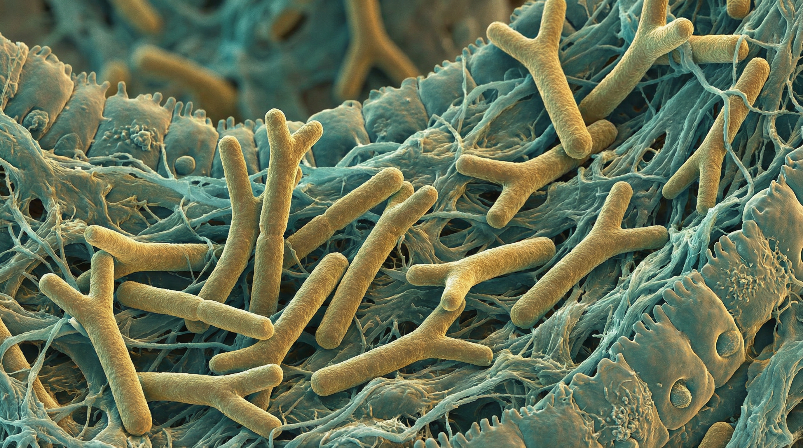 Scientifically accurate microscopy-style illustration of Bifidobacterium longum showing its characteristic gram-positive elongated rod with Y-shaped or V-shaped bifurcations at the ends