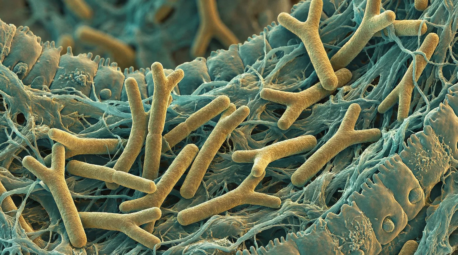 Scientifically accurate microscopy-style illustration of Bifidobacterium longum showing its characteristic gram-positive elongated rod with Y-shaped or V-shaped bifurcations at the ends