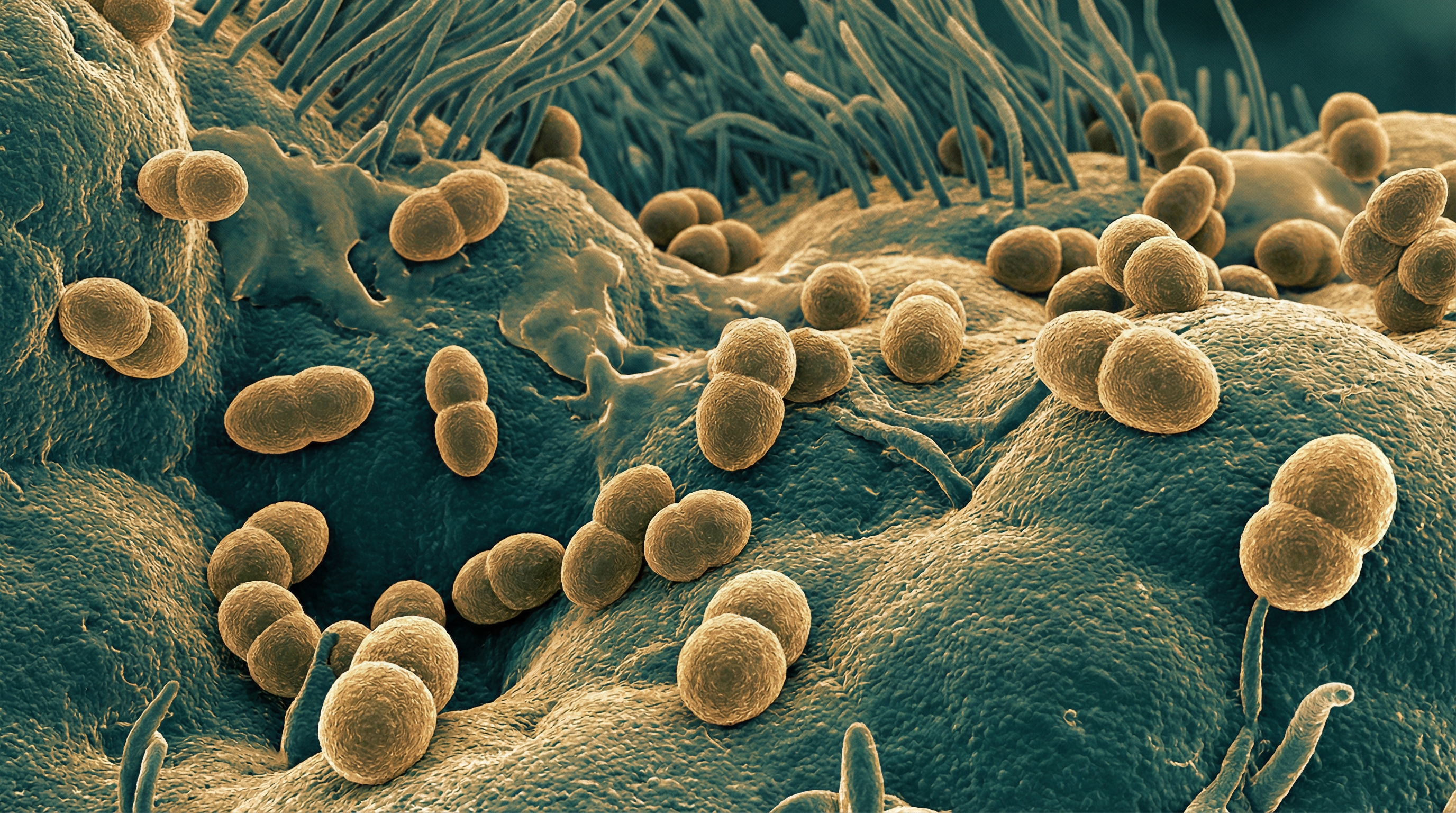 Scientifically accurate microscopy-style illustration of Bordetella pertussis showing its characteristic tiny gram-negative coccobacillus