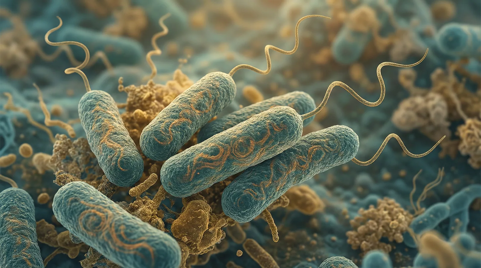 Scientifically accurate microscopy-style illustration of Burkholderia cepacia complex showing its characteristic gram-negative rod-shaped bacterium with a single polar flagellum