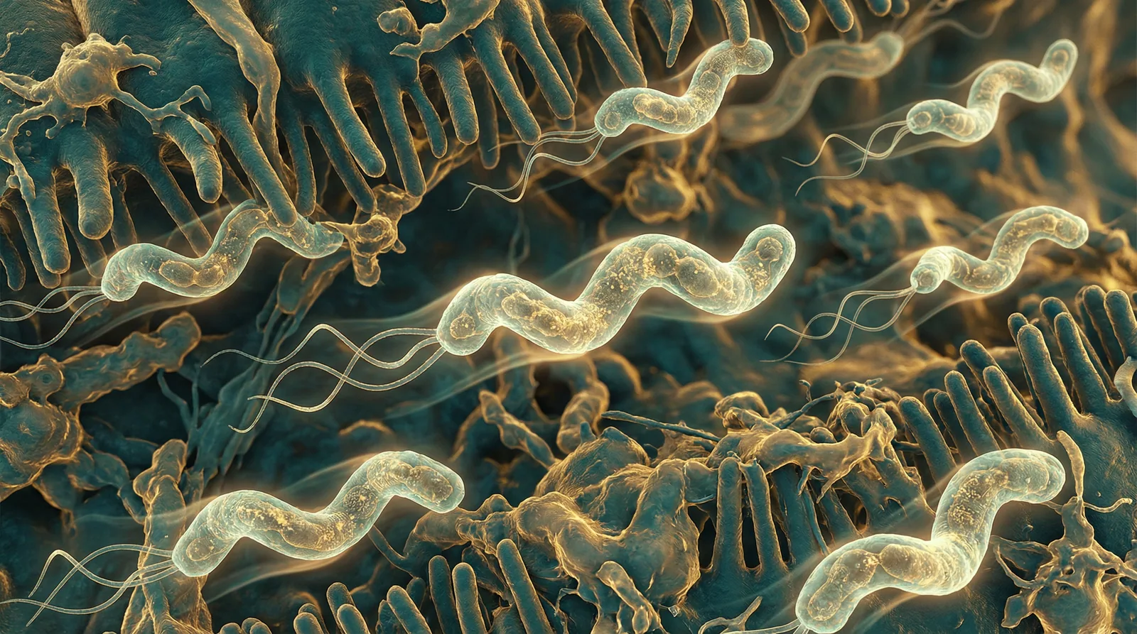 Scientifically accurate microscopy-style illustration of Campylobacter jejuni showing its characteristic gram-negative spiral or S-shaped bacterium with a single polar flagellum