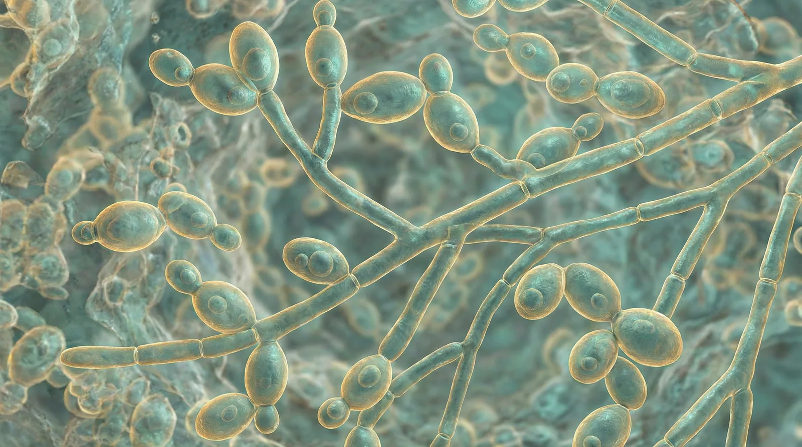 Scientifically accurate microscopy-style illustration of Candida albicans showing its characteristic dimorphic fungus showing both oval budding yeast cells and elongated pseudohyphae with true hyphae