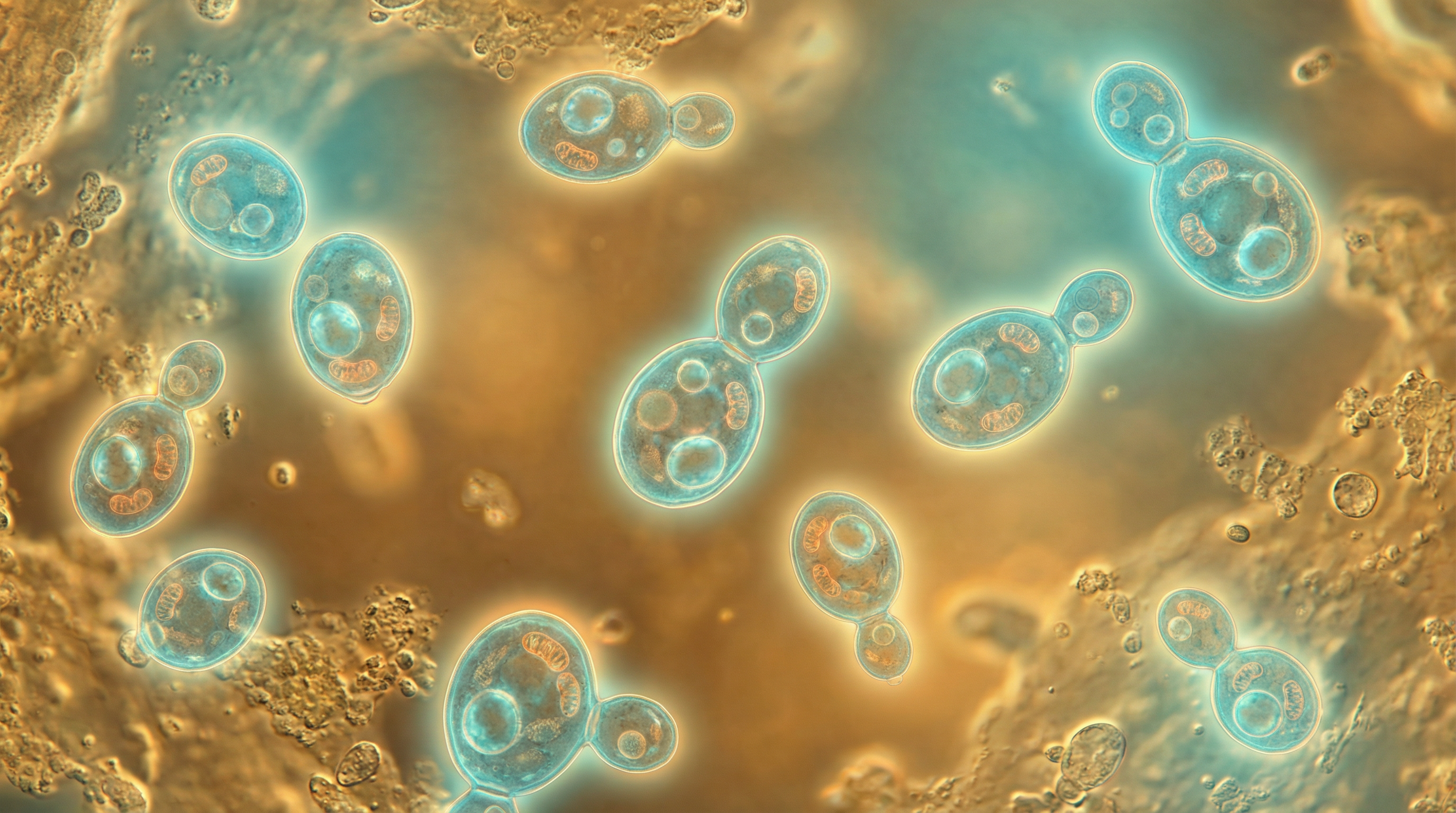 Scientifically accurate microscopy-style illustration of Candida glabrata showing its characteristic small oval budding yeast cells