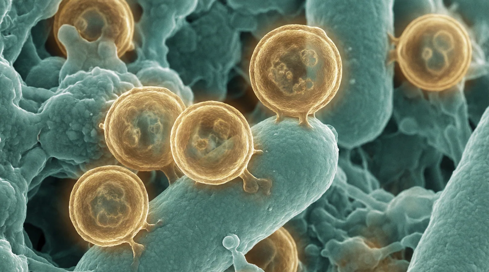 Scientifically accurate microscopy-style illustration of Candidatus Saccharibacteria showing its characteristic ultra-small gram-negative coccus (approximately 200-300nm)