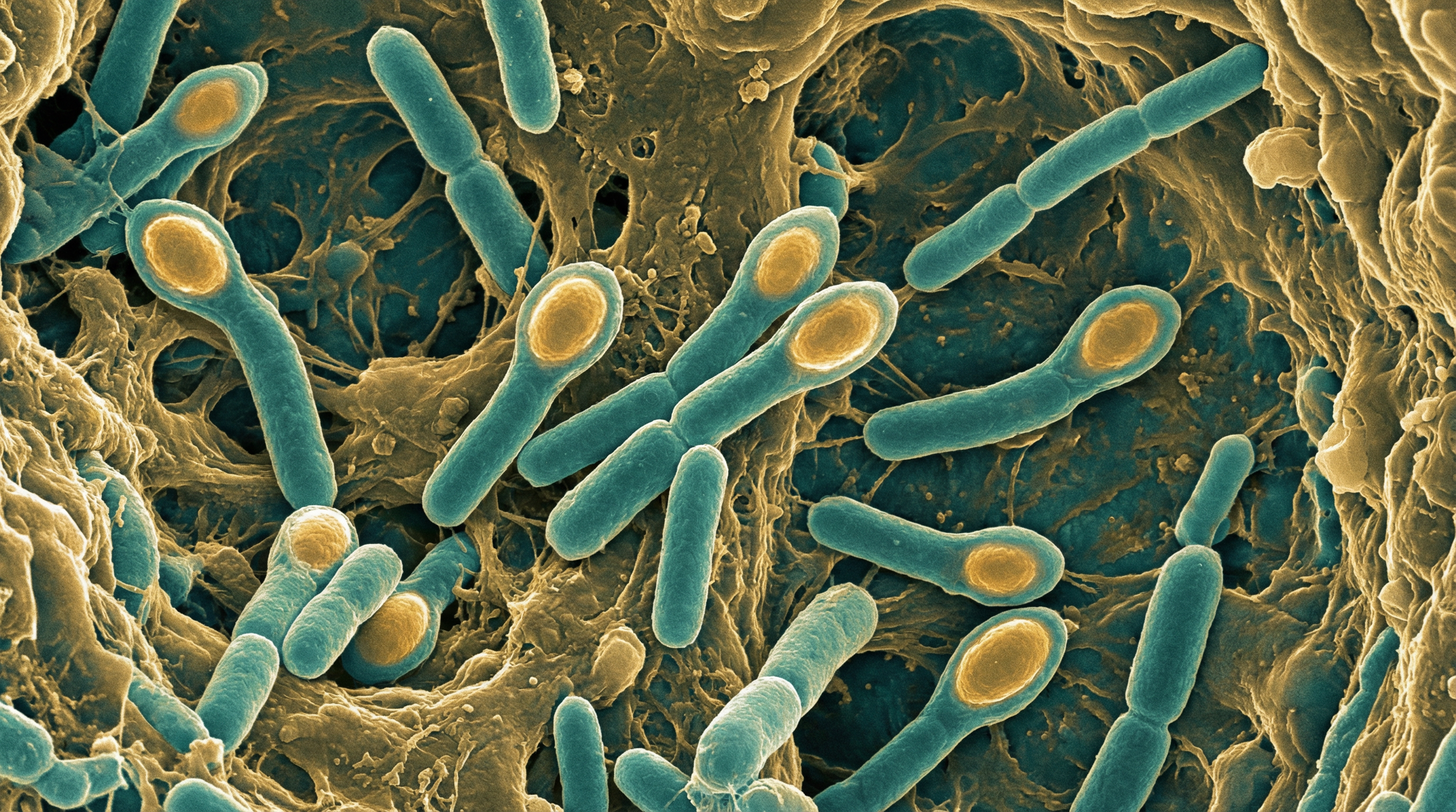 Scientifically accurate microscopy-style illustration of Clostridium difficile showing its characteristic gram-positive rod-shaped spore-forming bacterium with subterminal endospores