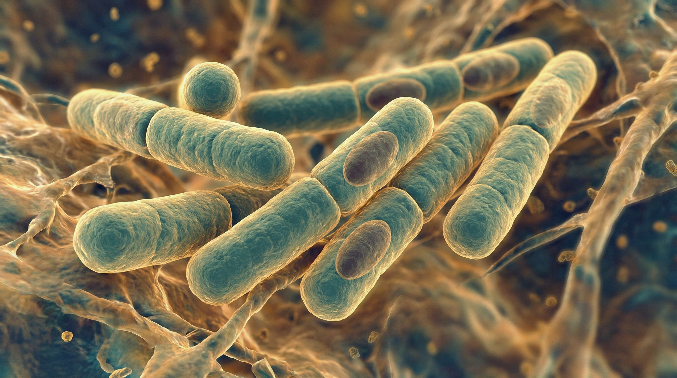 Scientifically accurate microscopy-style illustration of Clostridium perfringens showing its characteristic large gram-positive rod-shaped bacterium