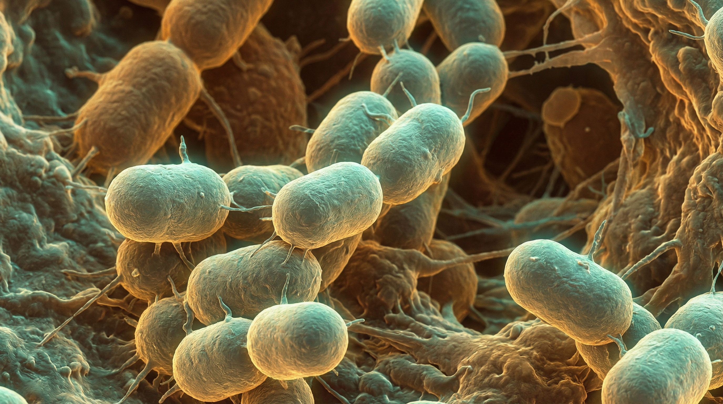 Scientifically accurate microscopy-style illustration of Collinsella aerofaciens showing its characteristic gram-positive small coccobacillus to short rod
