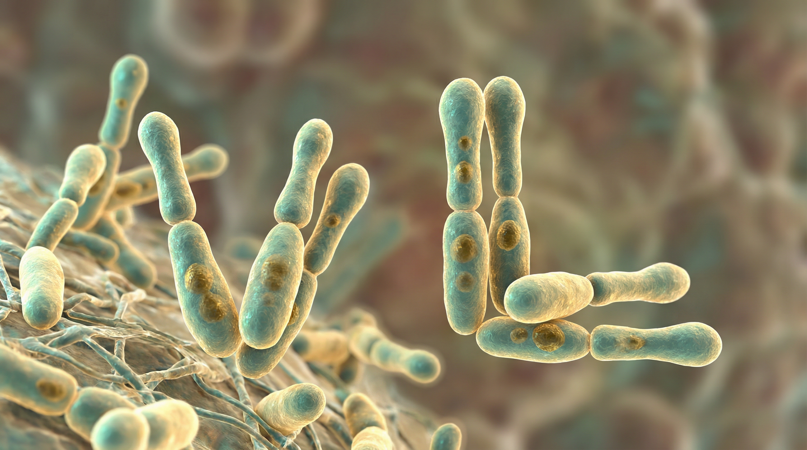 Scientifically accurate microscopy-style illustration of Corynebacterium diphtheriae showing its characteristic gram-positive club-shaped rod with metachromatic granules