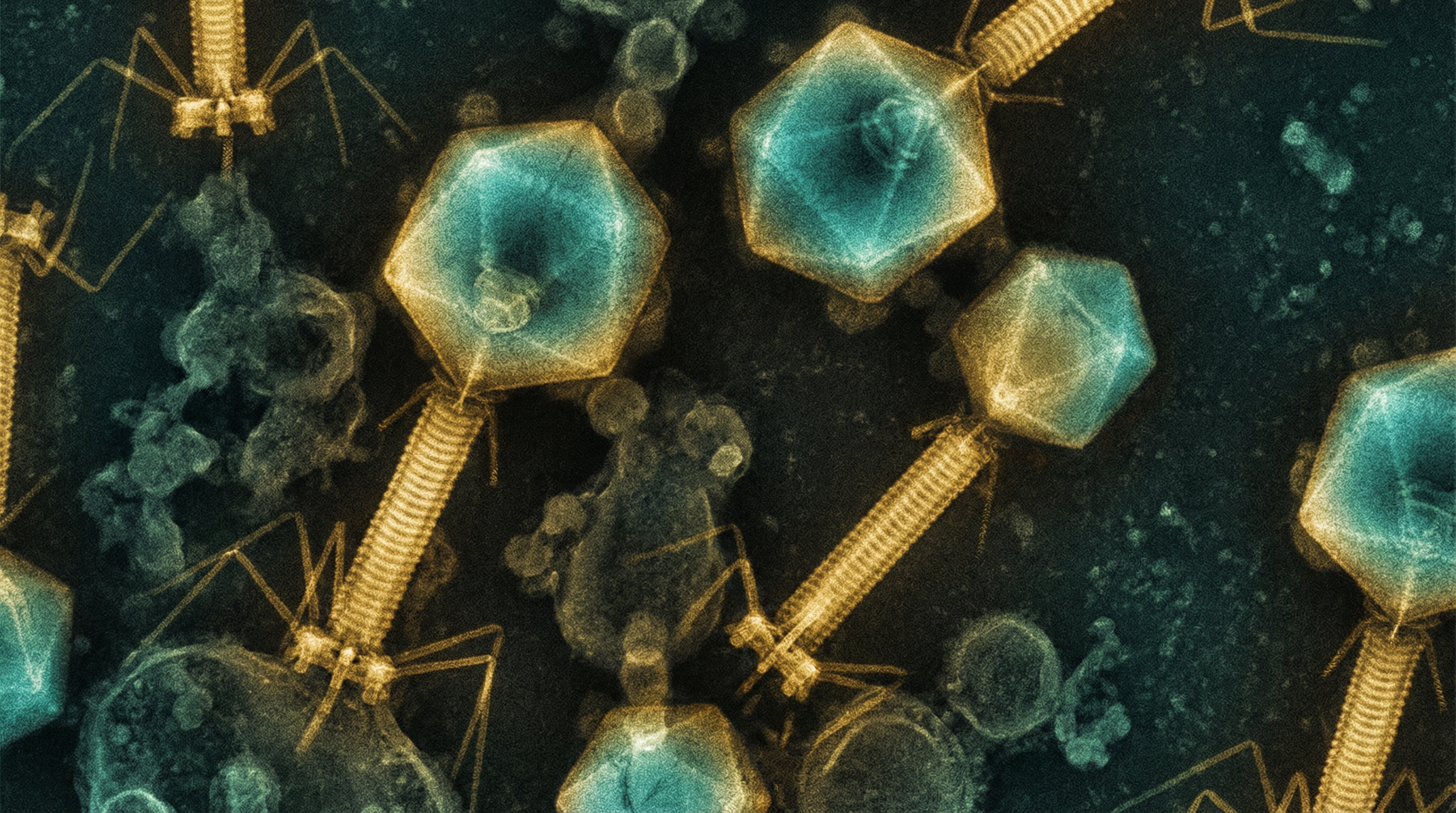 Scientifically accurate microscopy-style illustration of crAssphage showing its characteristic large tailed bacteriophage (Caudovirales) with icosahedral head and long tail