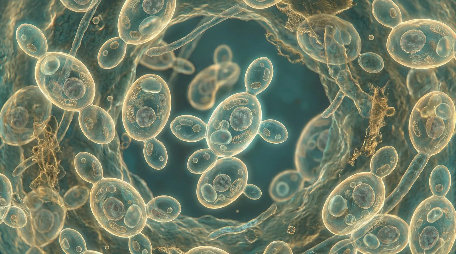 Scientifically accurate microscopy-style illustration of Debaryomyces hansenii showing its characteristic oval budding yeast cells with multilateral budding