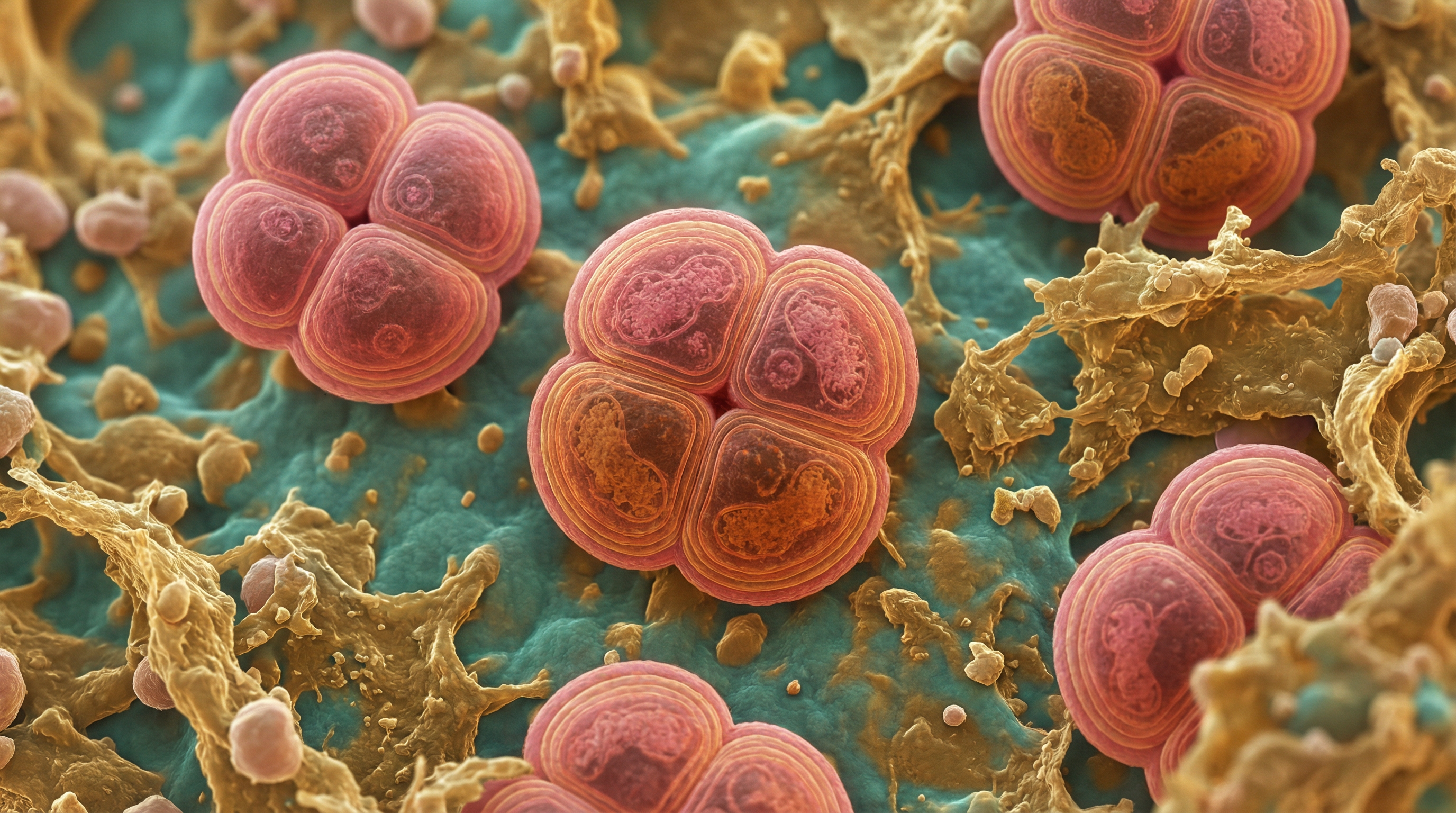 Scientifically accurate microscopy-style illustration of Deinococcus radiodurans showing its characteristic gram-positive tetrad-forming coccus with distinctive pink-red pigmentation and thick cell wall layers