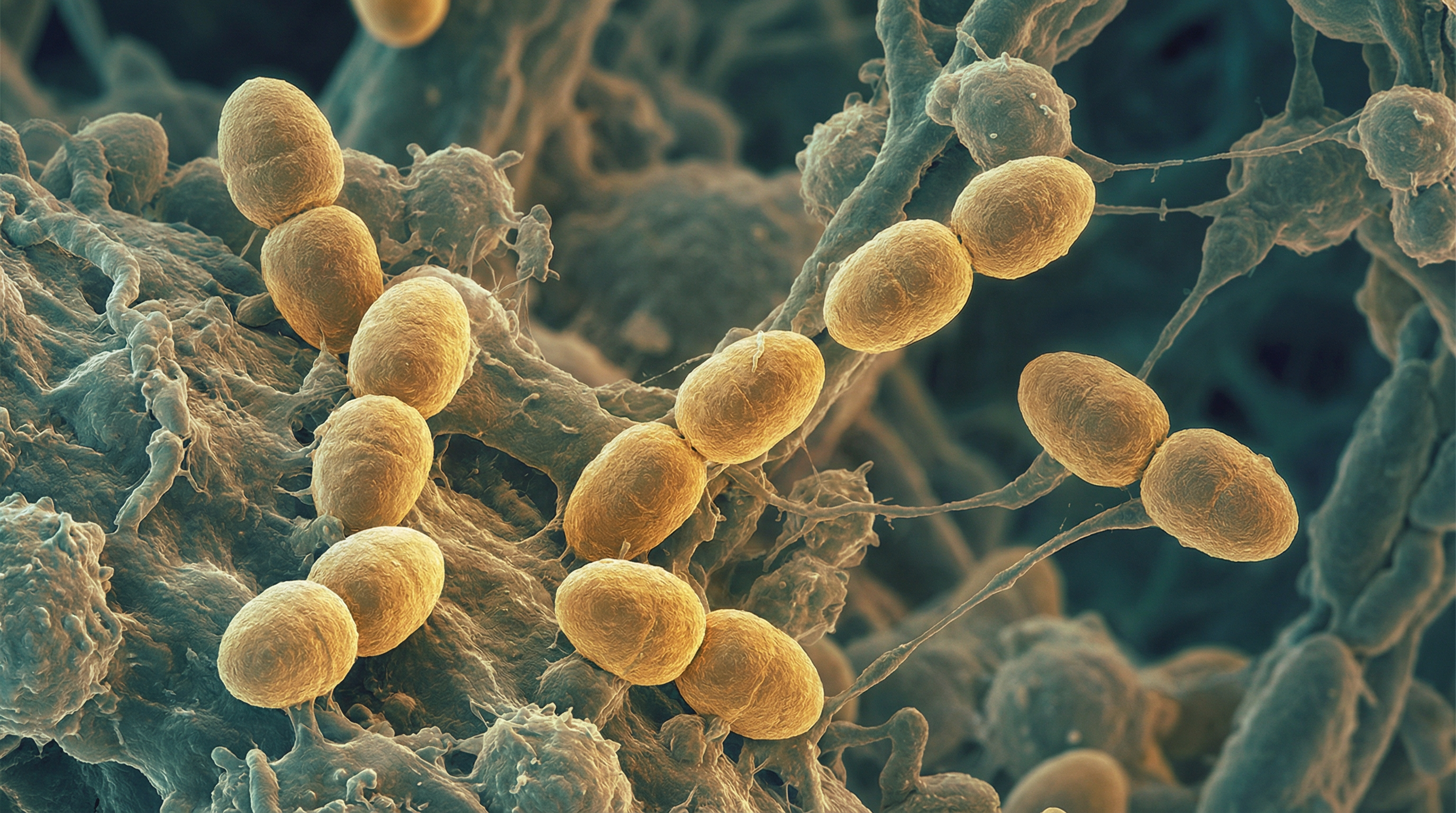 Scientifically accurate microscopy-style illustration of Enterococcus faecium showing its characteristic gram-positive ovoid coccus in pairs or short chains