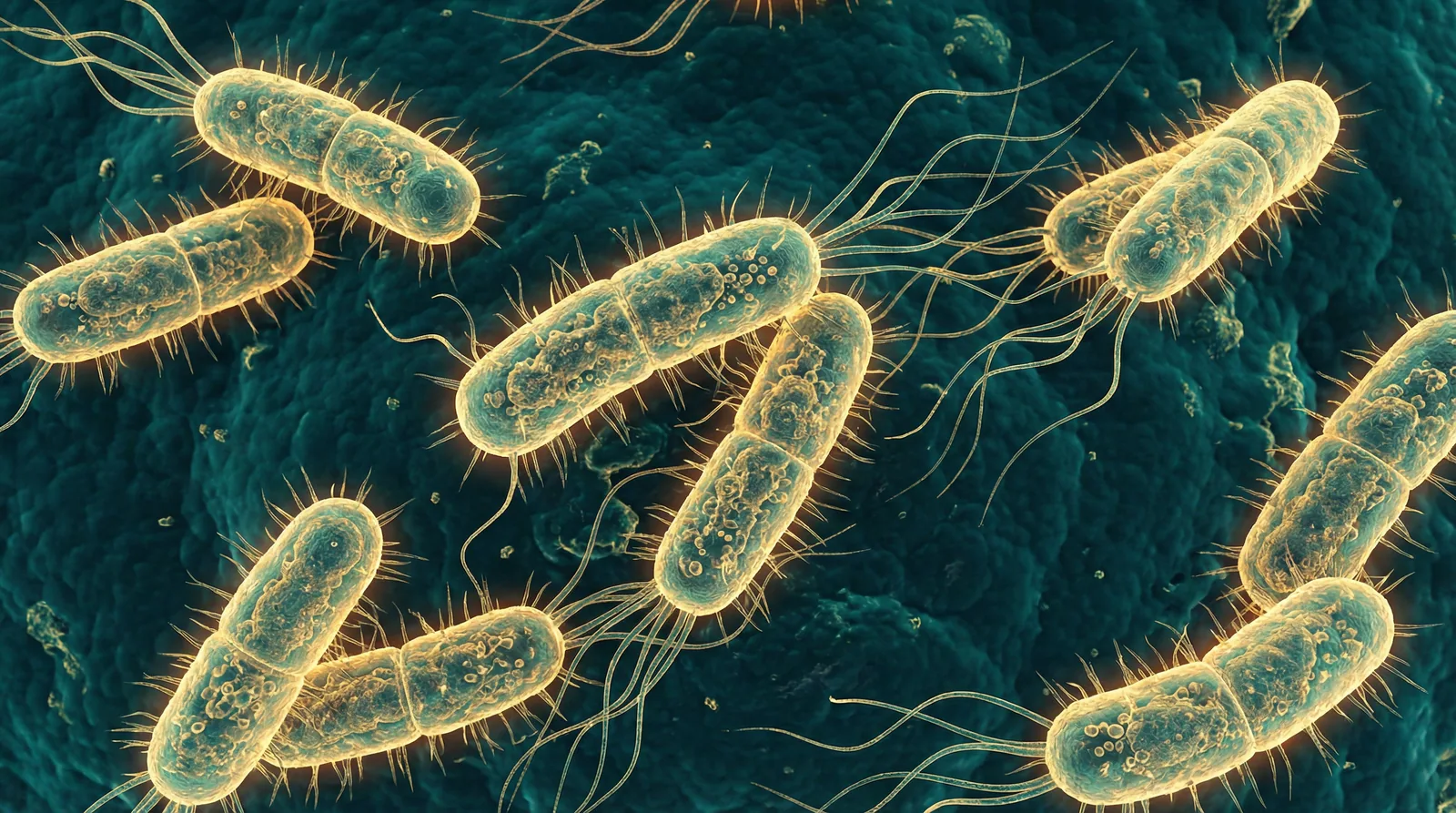 Scientifically accurate microscopy-style illustration of Escherichia coli showing its characteristic gram-negative rod-shaped bacterium with peritrichous flagella and fimbriae (pili) on the surface
