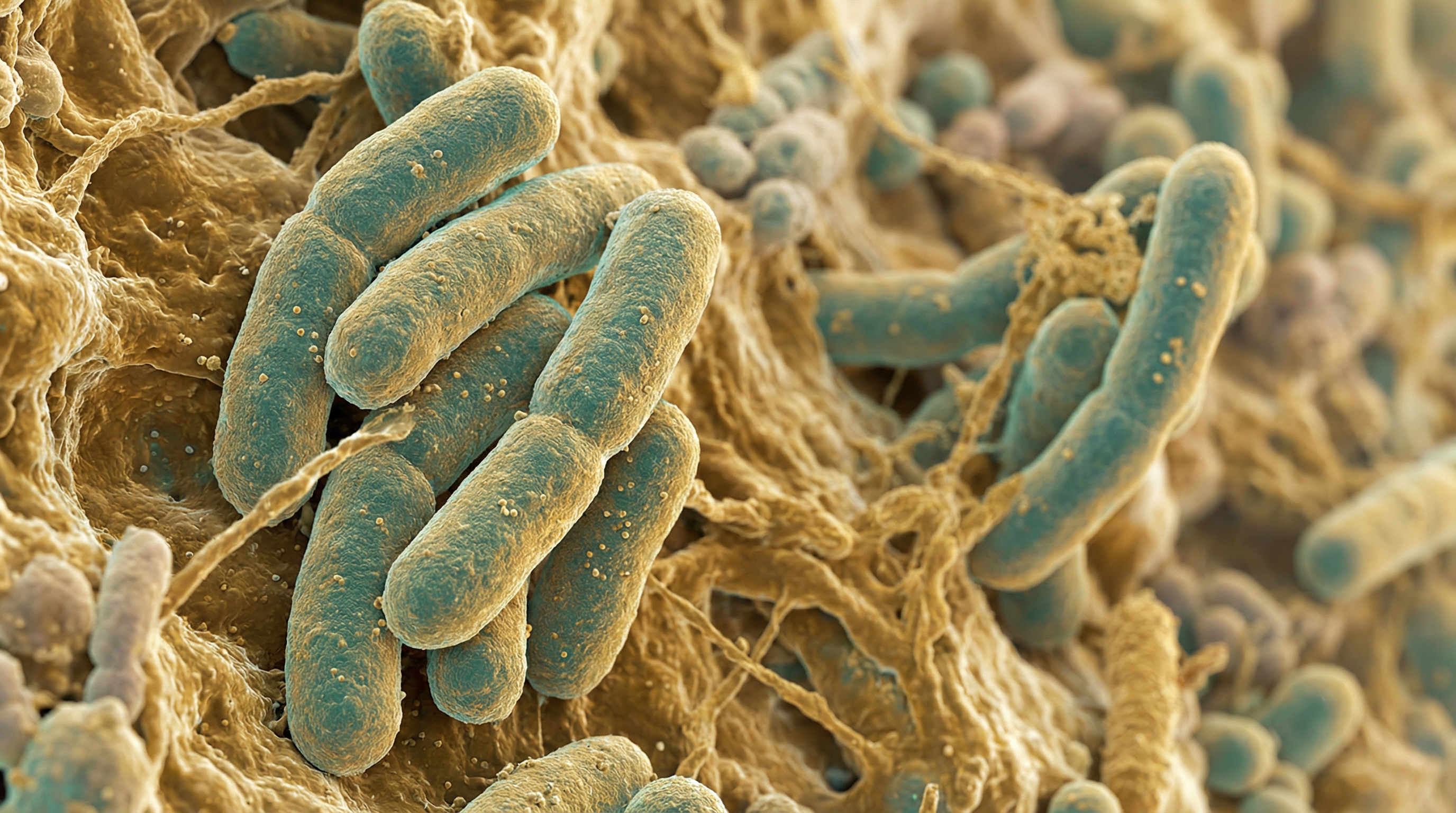 Scientifically accurate microscopy-style illustration of Faecalibacterium prausnitzii showing its characteristic gram-negative (but with gram-positive-like cell wall) rod-shaped anaerobic bacterium