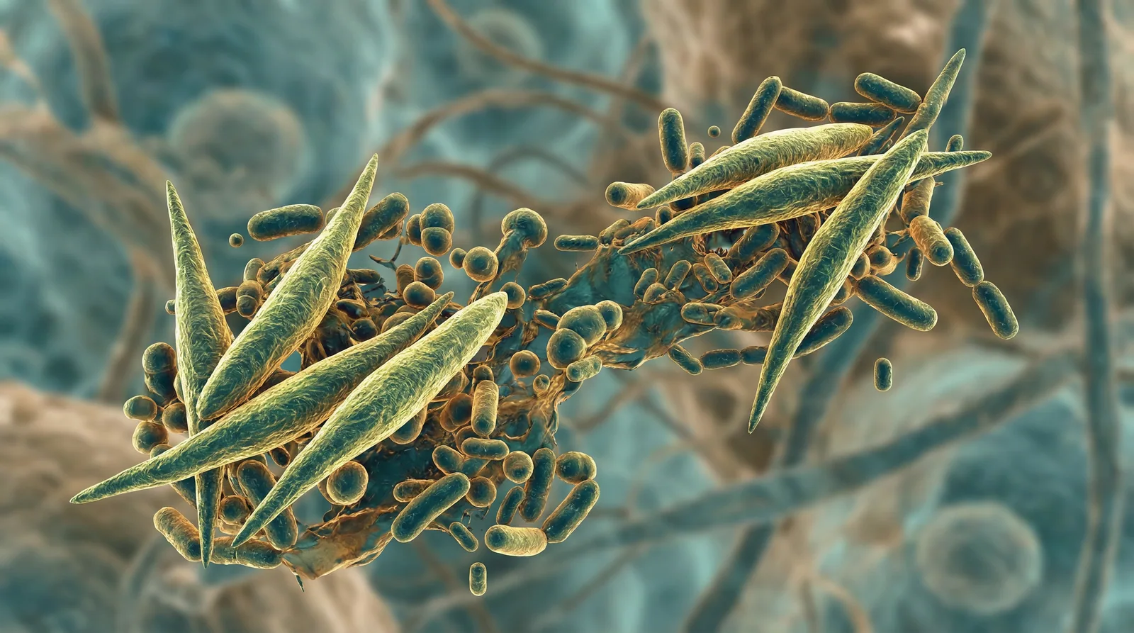 Scientifically accurate microscopy-style illustration of Fusobacterium nucleatum showing its characteristic gram-negative long spindle-shaped (fusiform) bacterium with pointed ends
