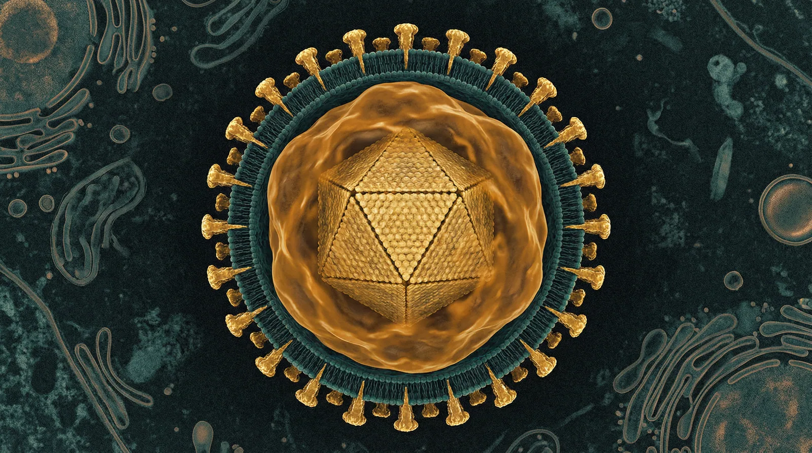 Scientifically accurate microscopy-style illustration of Herpesviridae showing its characteristic large enveloped icosahedral virus with tegument layer between the nucleocapsid and lipid envelope