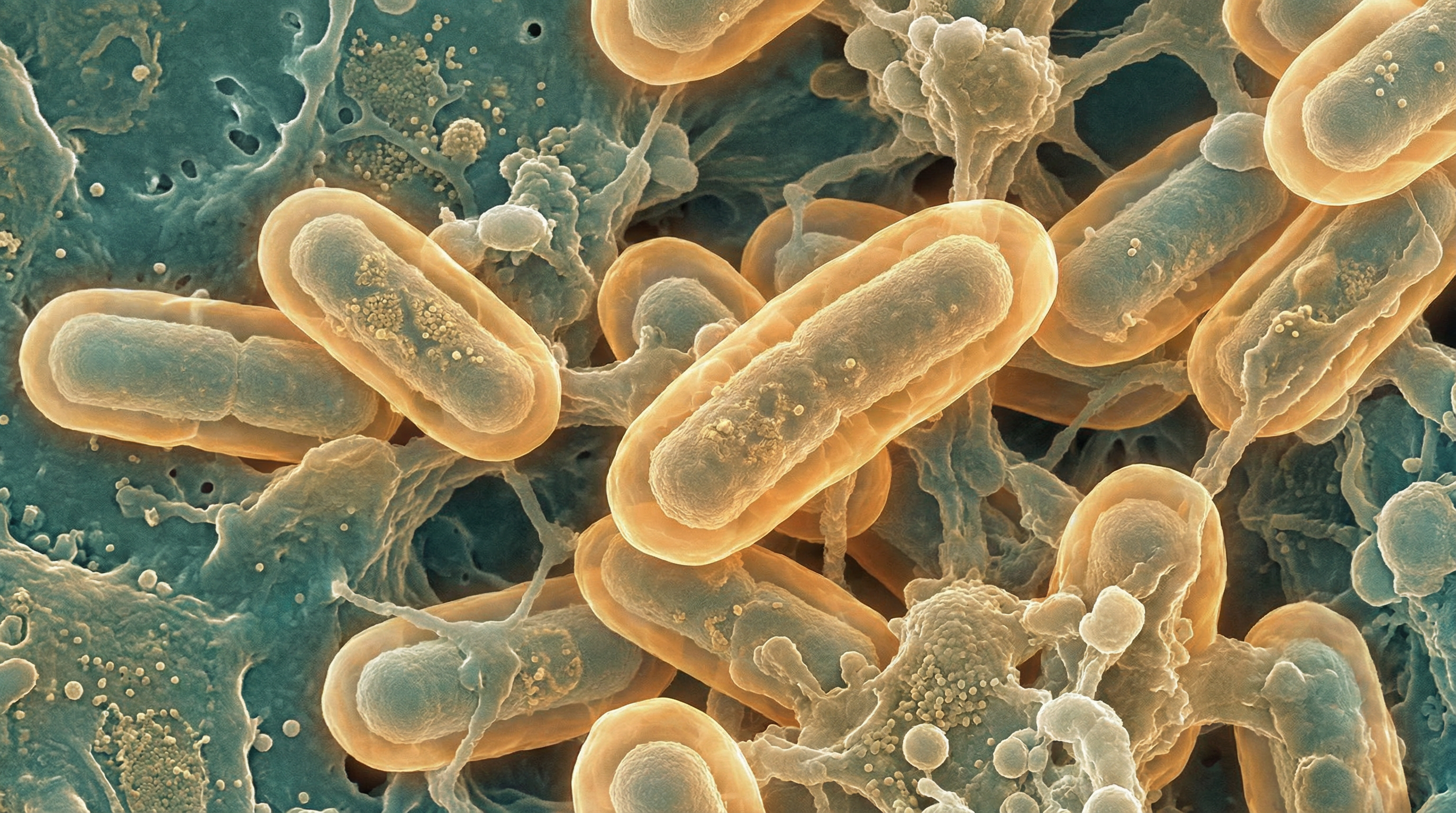 Scientifically accurate microscopy-style illustration of Klebsiella pneumoniae showing its characteristic gram-negative rod-shaped bacterium with a very prominent thick mucoid polysaccharide capsule