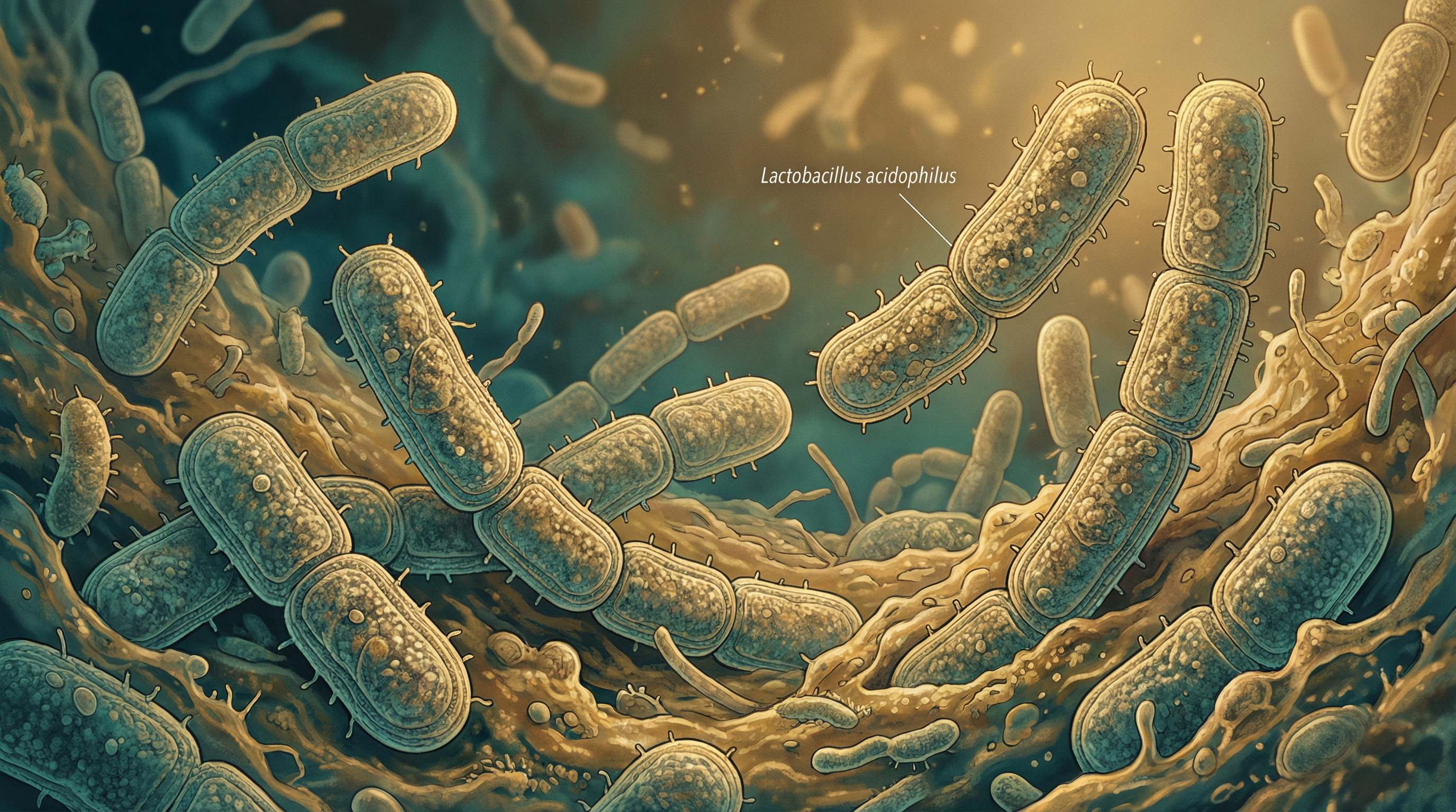 Scientifically accurate microscopy-style illustration of Lactobacillus acidophilus showing its characteristic gram-positive long rod-shaped bacterium
