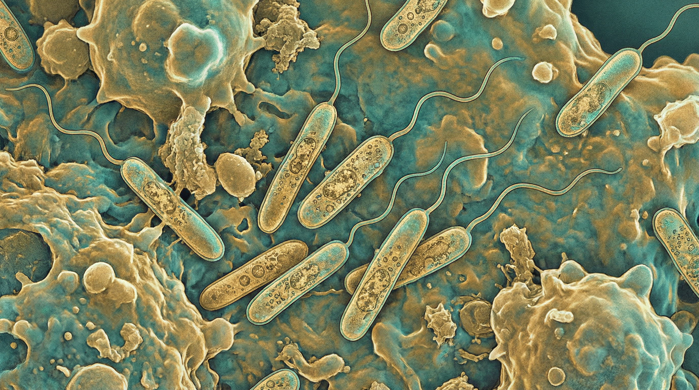 Scientifically accurate microscopy-style illustration of Legionella pneumophila showing its characteristic gram-negative thin rod-shaped bacterium with a single polar flagellum