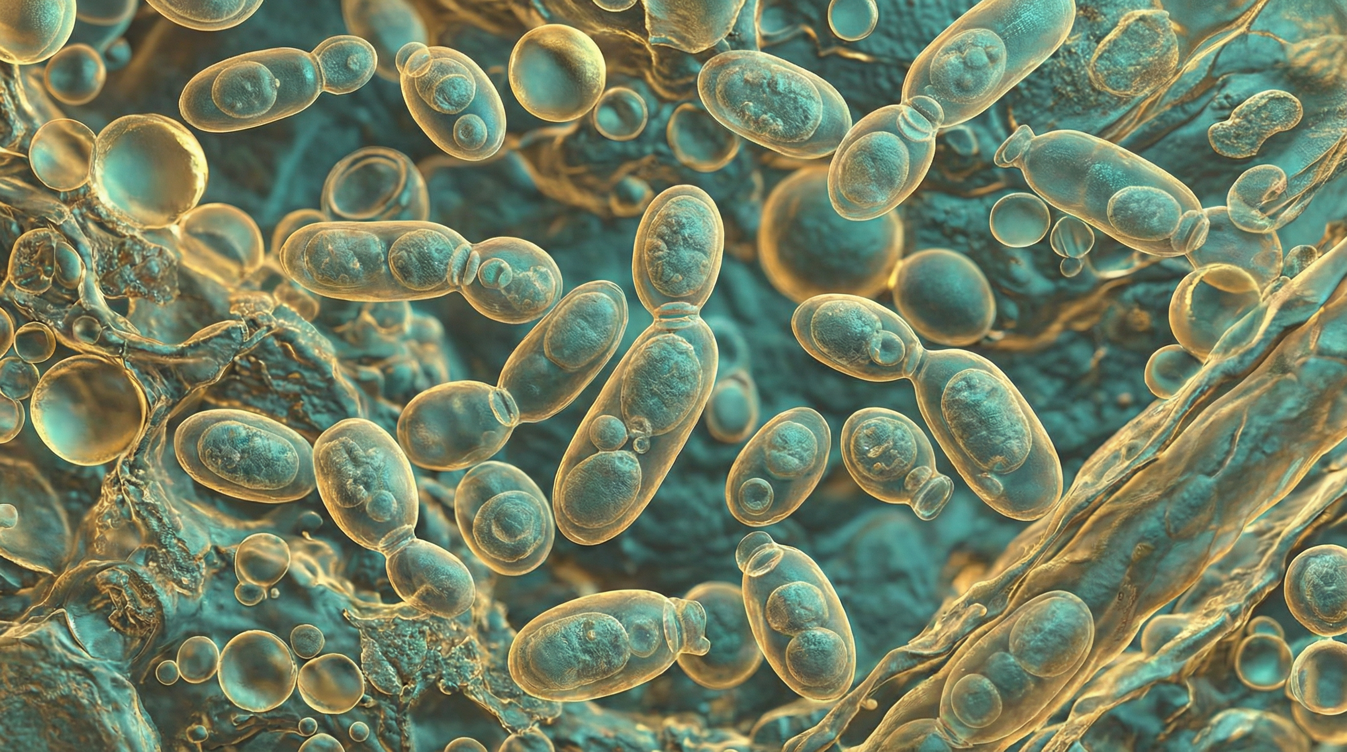 Scientifically accurate microscopy-style illustration of Malassezia restricta showing its characteristic oval to cylindrical lipophilic yeast cells with a characteristic collarette at the budding site