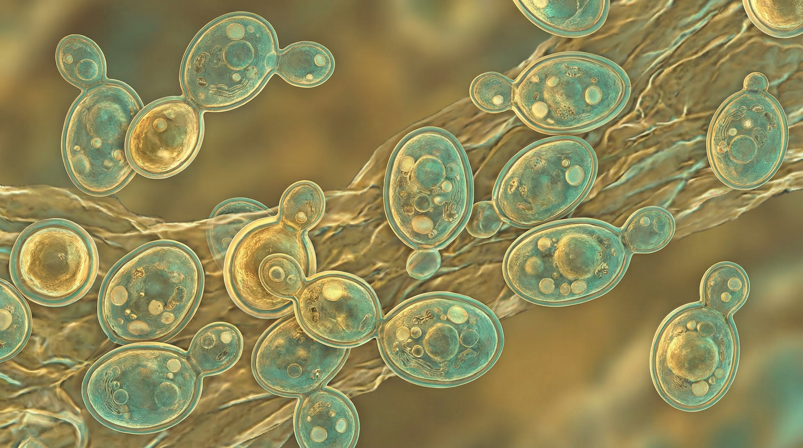 Scientifically accurate microscopy-style illustration of Malassezia species showing its characteristic oval lipophilic yeast cells with thick cell walls and characteristic unipolar budding