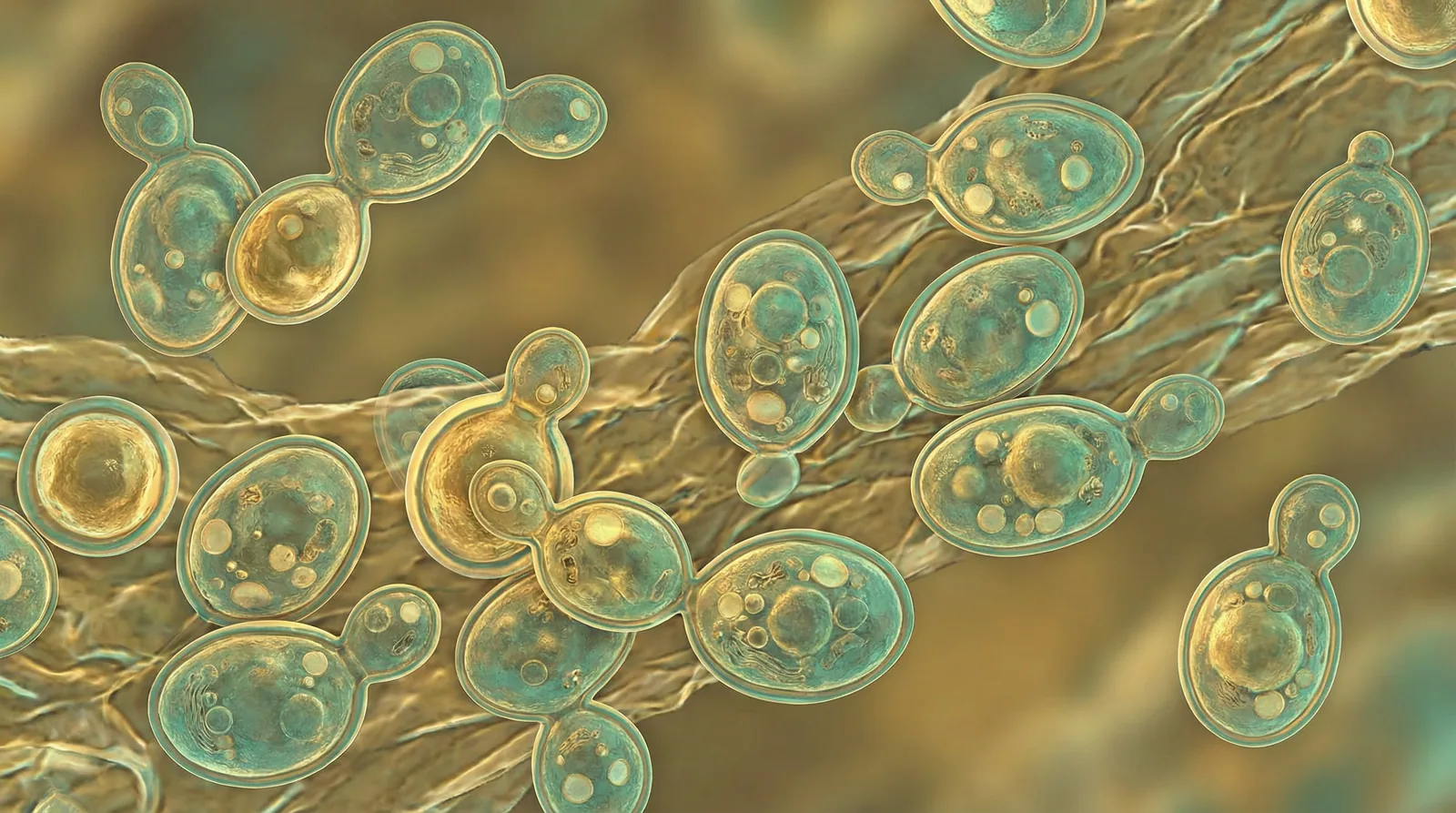 Scientifically accurate microscopy-style illustration of Malassezia species showing its characteristic oval lipophilic yeast cells with thick cell walls and characteristic unipolar budding