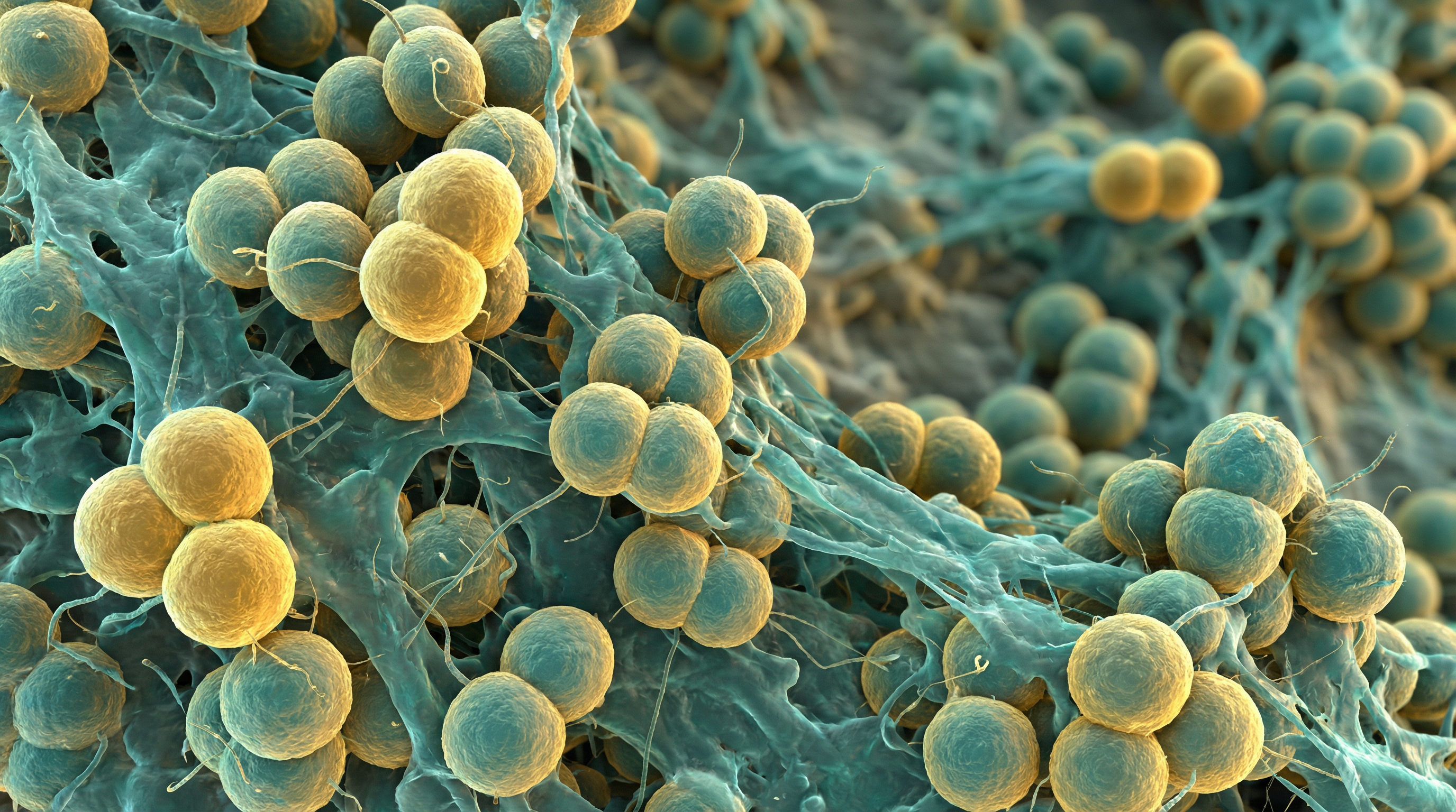 Scientifically accurate microscopy-style illustration of Micrococcus luteus showing its characteristic gram-positive coccus arranged in tetrads or irregular clusters