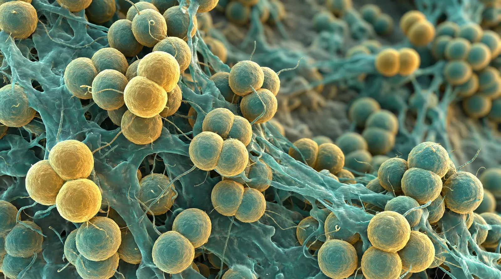 Scientifically accurate microscopy-style illustration of Micrococcus luteus showing its characteristic gram-positive coccus arranged in tetrads or irregular clusters
