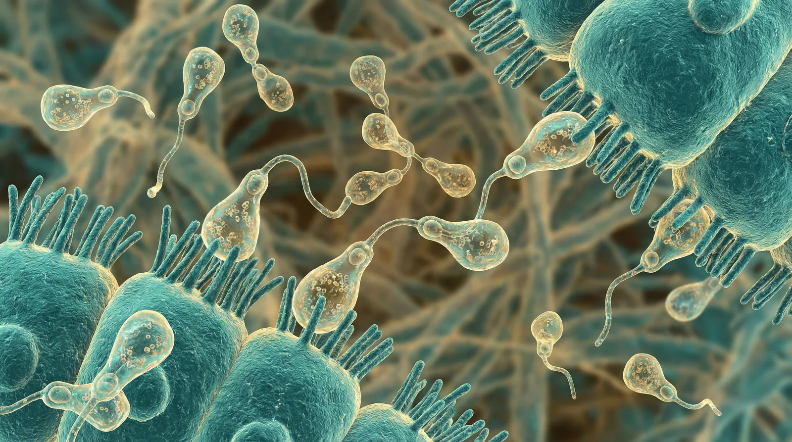 Scientifically accurate microscopy-style illustration of Mycoplasma pneumoniae showing its characteristic extremely small pleomorphic bacterium lacking a cell wall