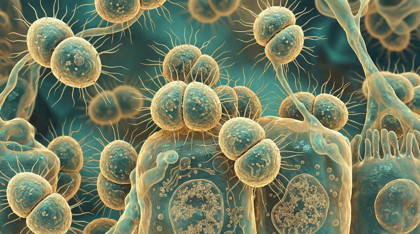 Scientifically accurate microscopy-style illustration of Neisseria gonorrhoeae showing its characteristic gram-negative kidney-bean-shaped diplococci with flattened adjacent sides
