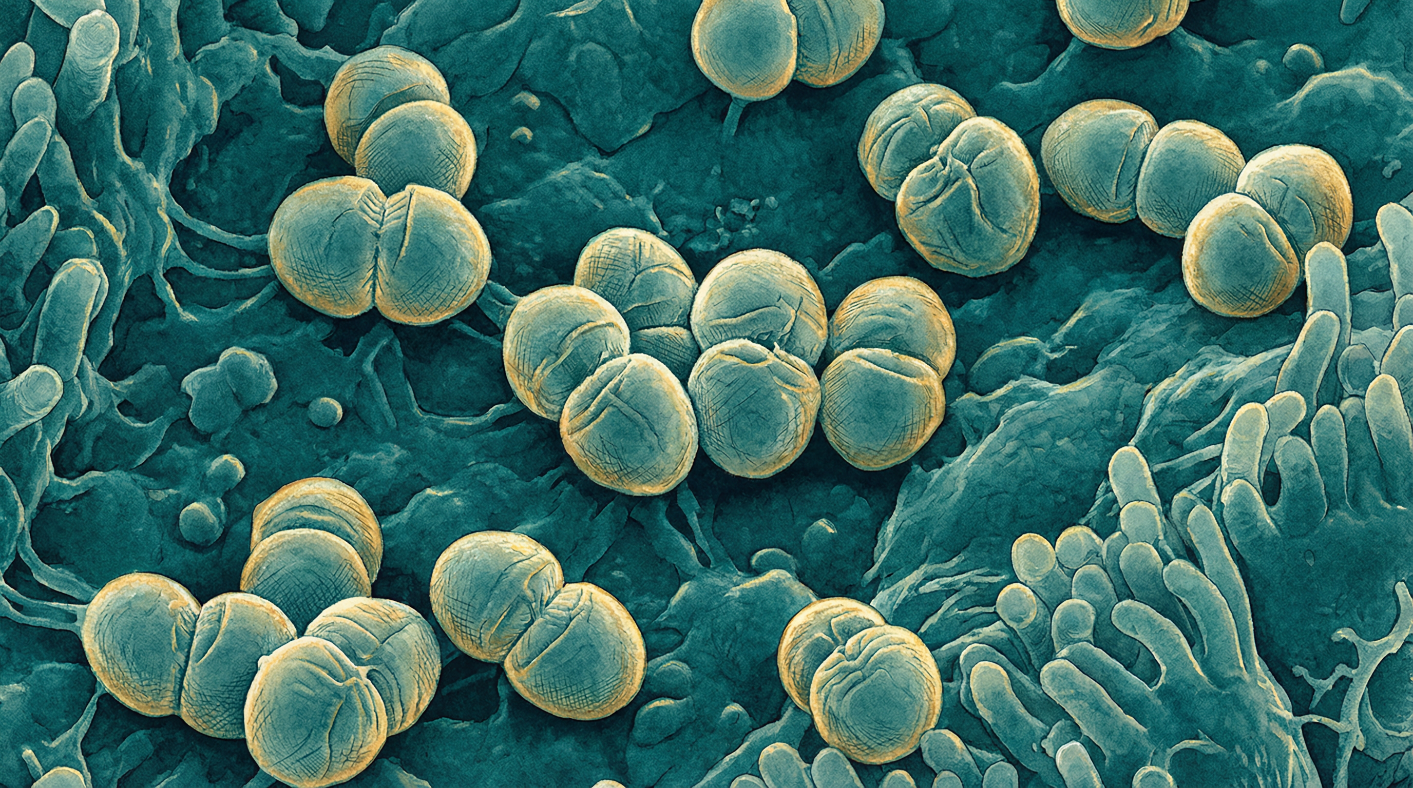 Scientifically accurate microscopy-style illustration of Neisseria lactamica showing its characteristic gram-negative kidney-bean-shaped diplococci