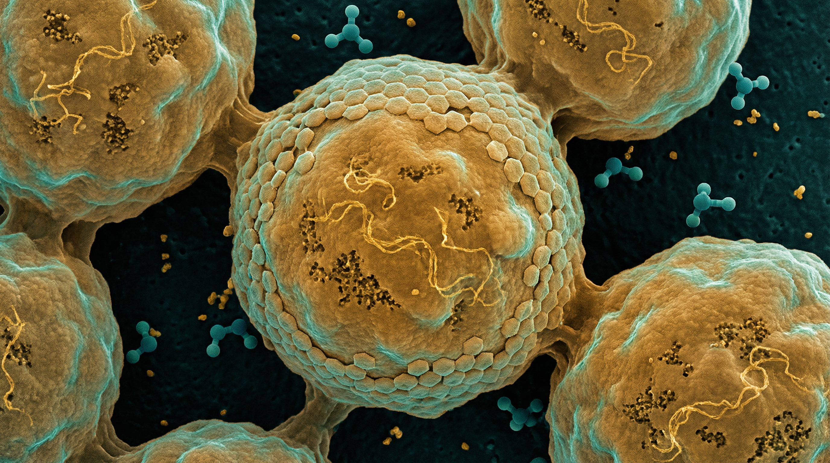 Scientifically accurate microscopy-style illustration of Nitrososphaera viennensis showing its characteristic irregular coccoid archaeon with an S-layer protein coat