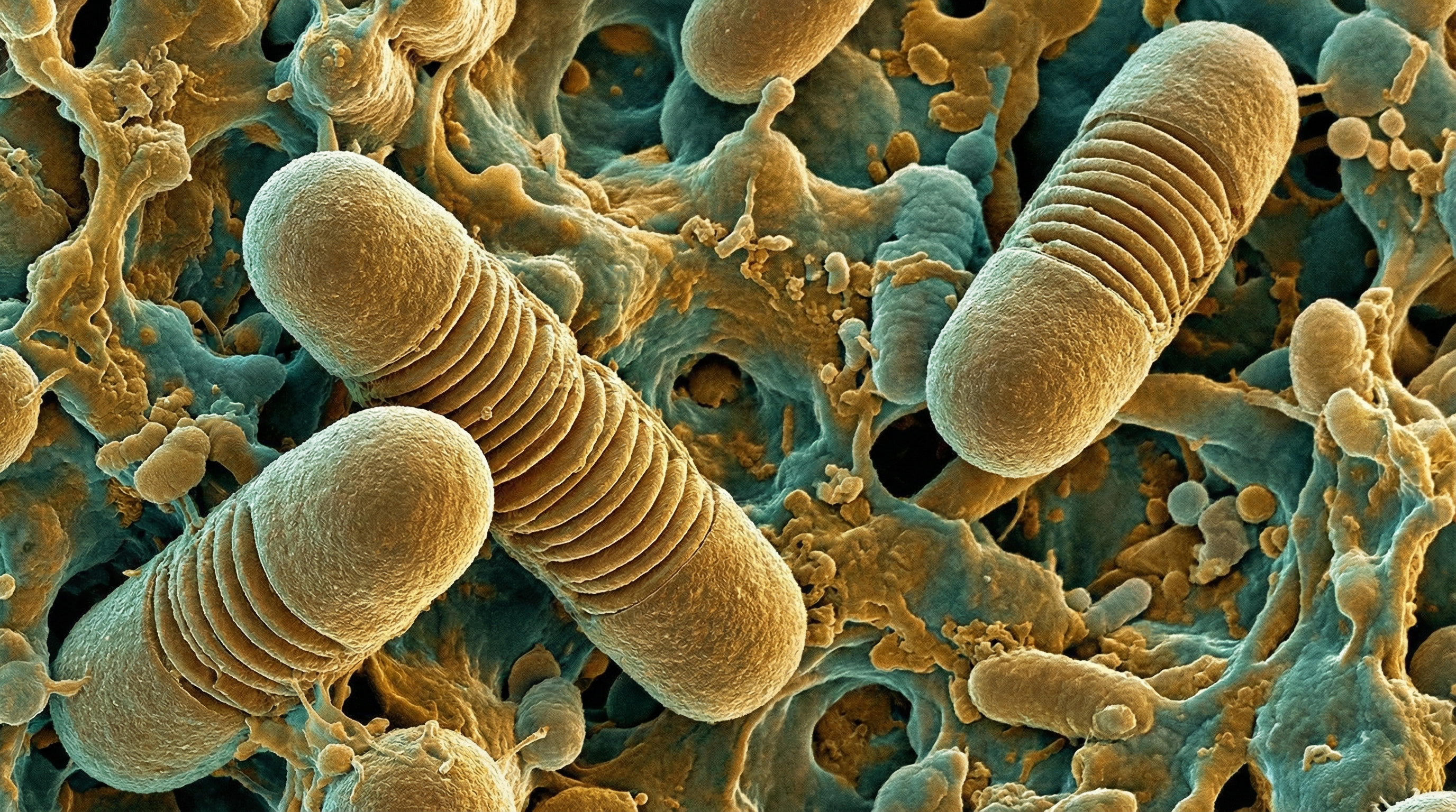 Scientifically accurate microscopy-style illustration of Oscillospira showing its characteristic gram-positive large rod-shaped bacterium with distinctive internal septation