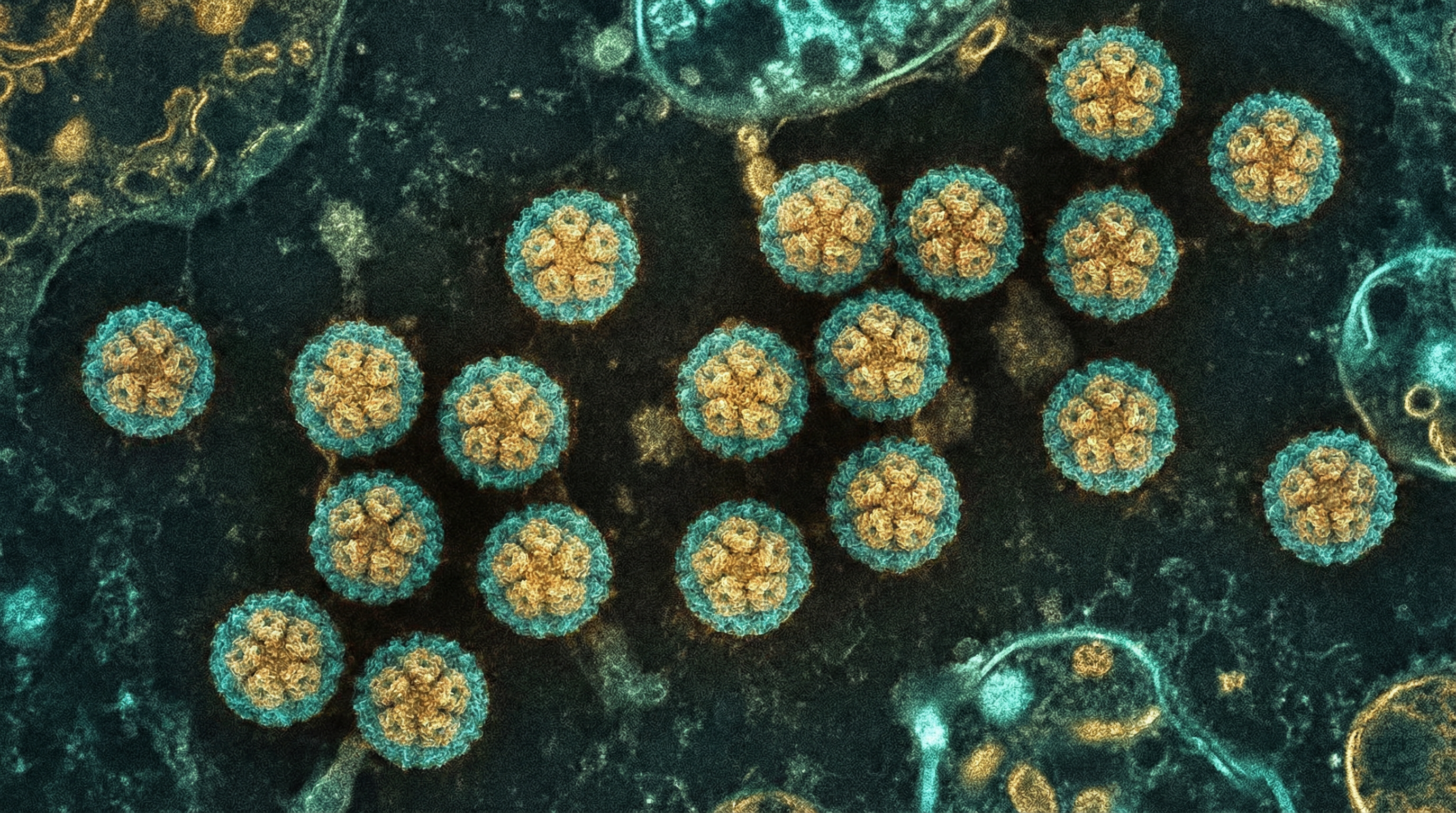 Scientifically accurate microscopy-style illustration of Polyomaviridae showing its characteristic small non-enveloped icosahedral virus with 72 pentameric capsomeres