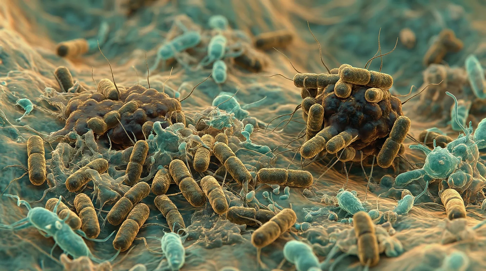 Scientifically accurate microscopy-style illustration of Porphyromonas gingivalis showing its characteristic gram-negative short rod-shaped anaerobic bacterium with dark pigmented colonies