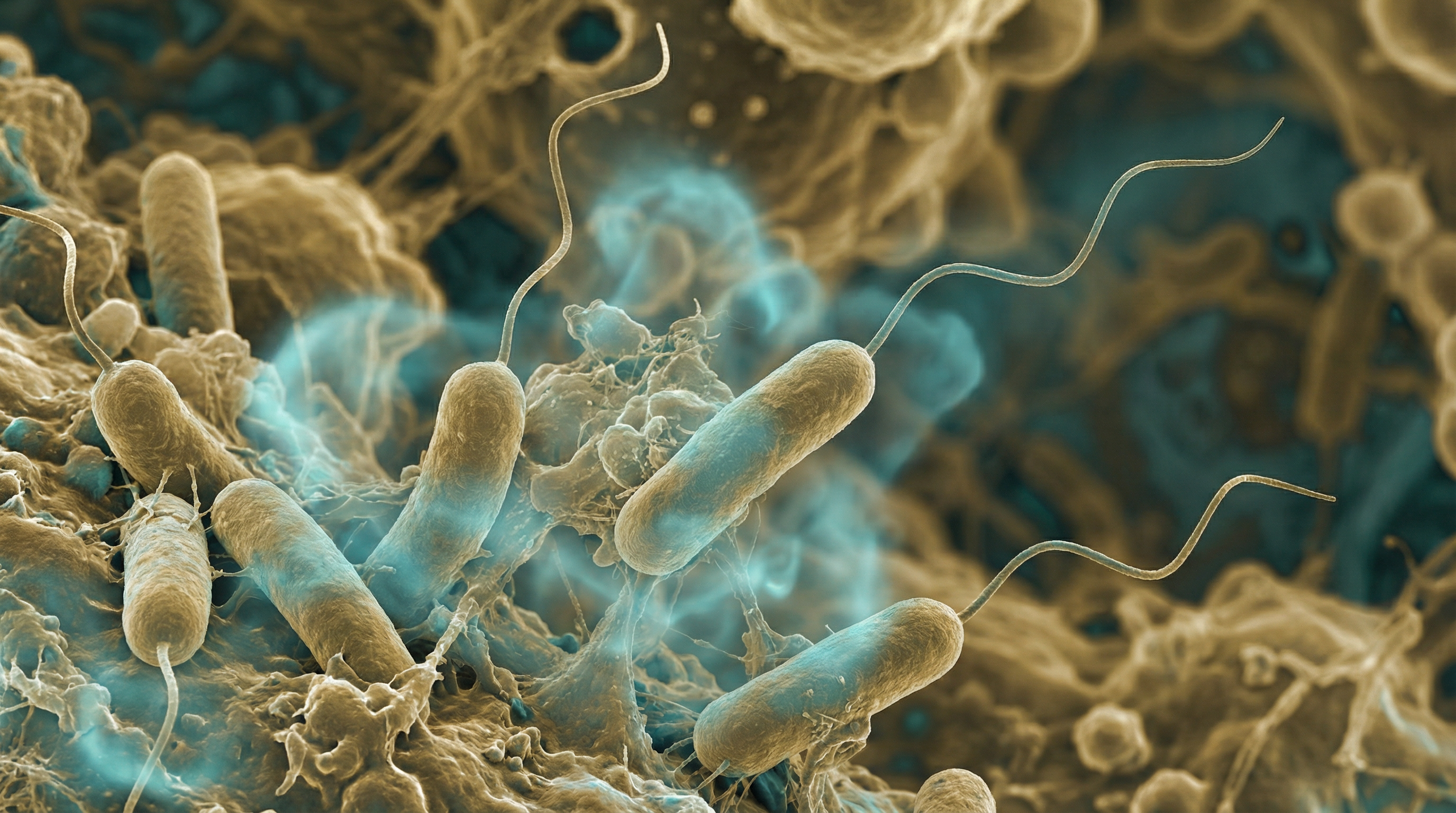Scientifically accurate microscopy-style illustration of Pseudomonas aeruginosa showing its characteristic gram-negative rod-shaped bacterium with a single polar flagellum