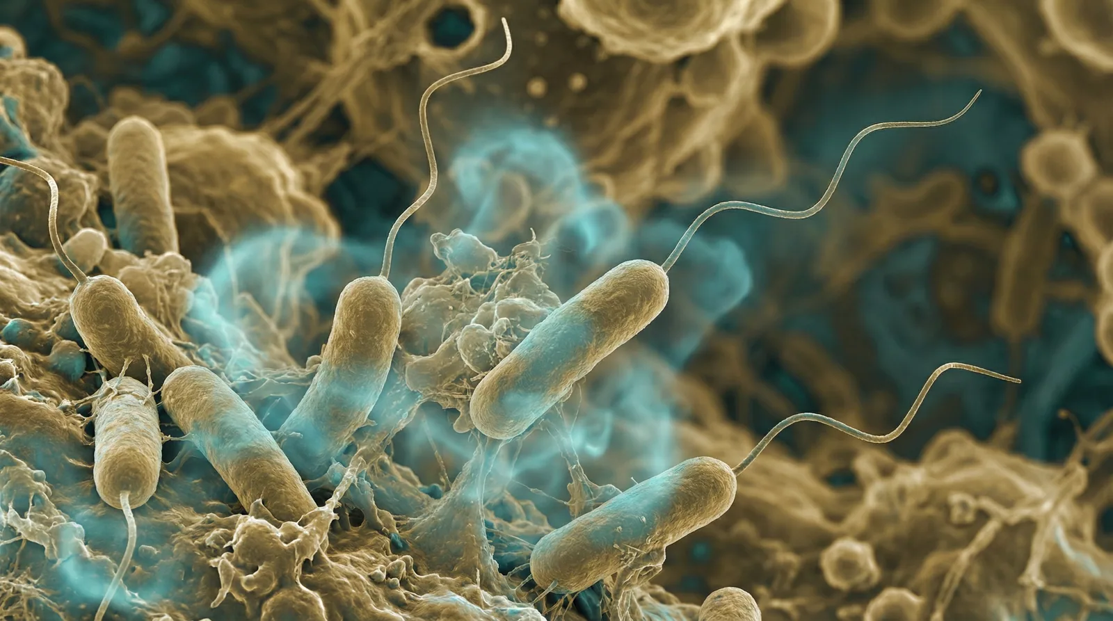 Scientifically accurate microscopy-style illustration of Pseudomonas aeruginosa showing its characteristic gram-negative rod-shaped bacterium with a single polar flagellum