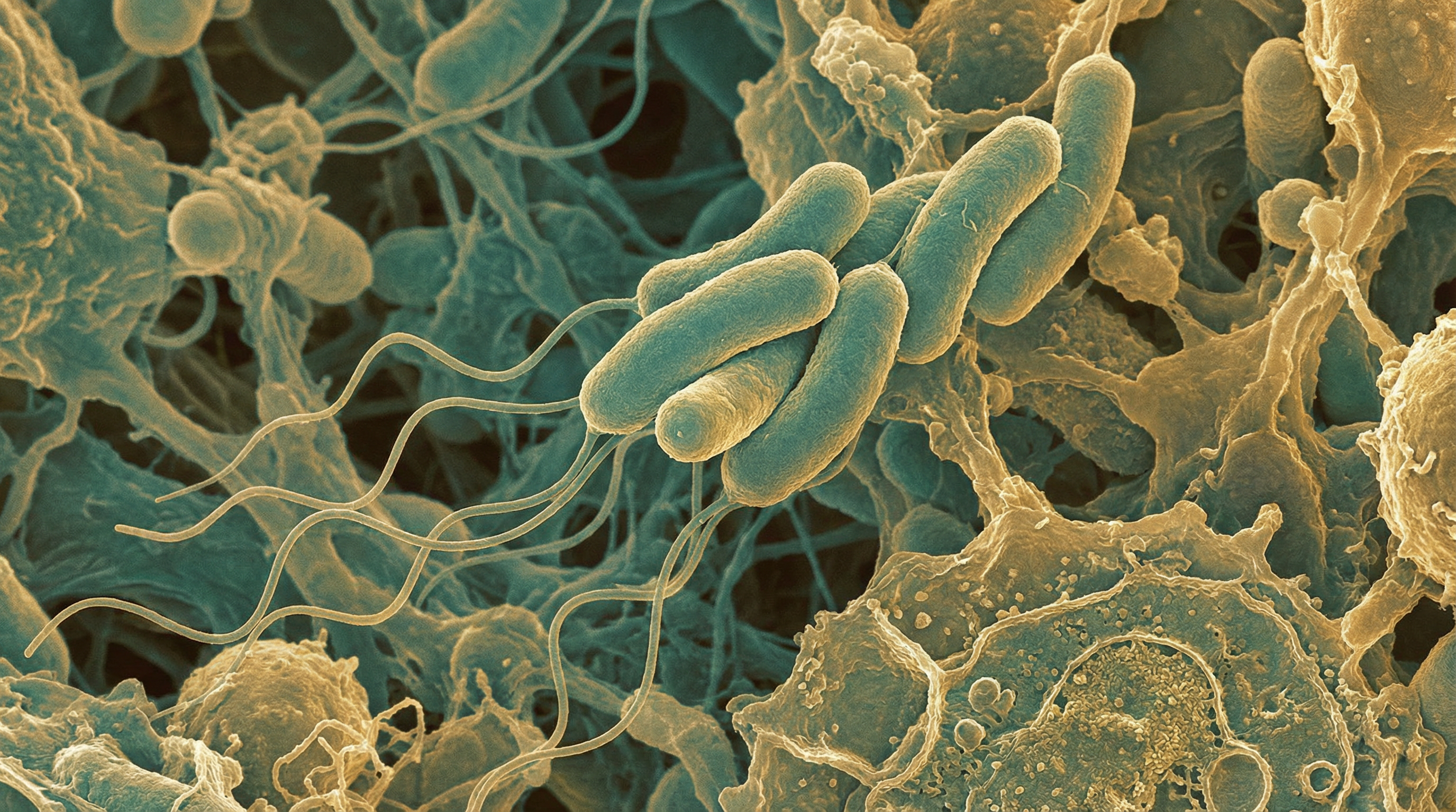 Scientifically accurate microscopy-style illustration of Roseburia intestinalis showing its characteristic gram-positive slightly curved rod-shaped bacterium with flagella