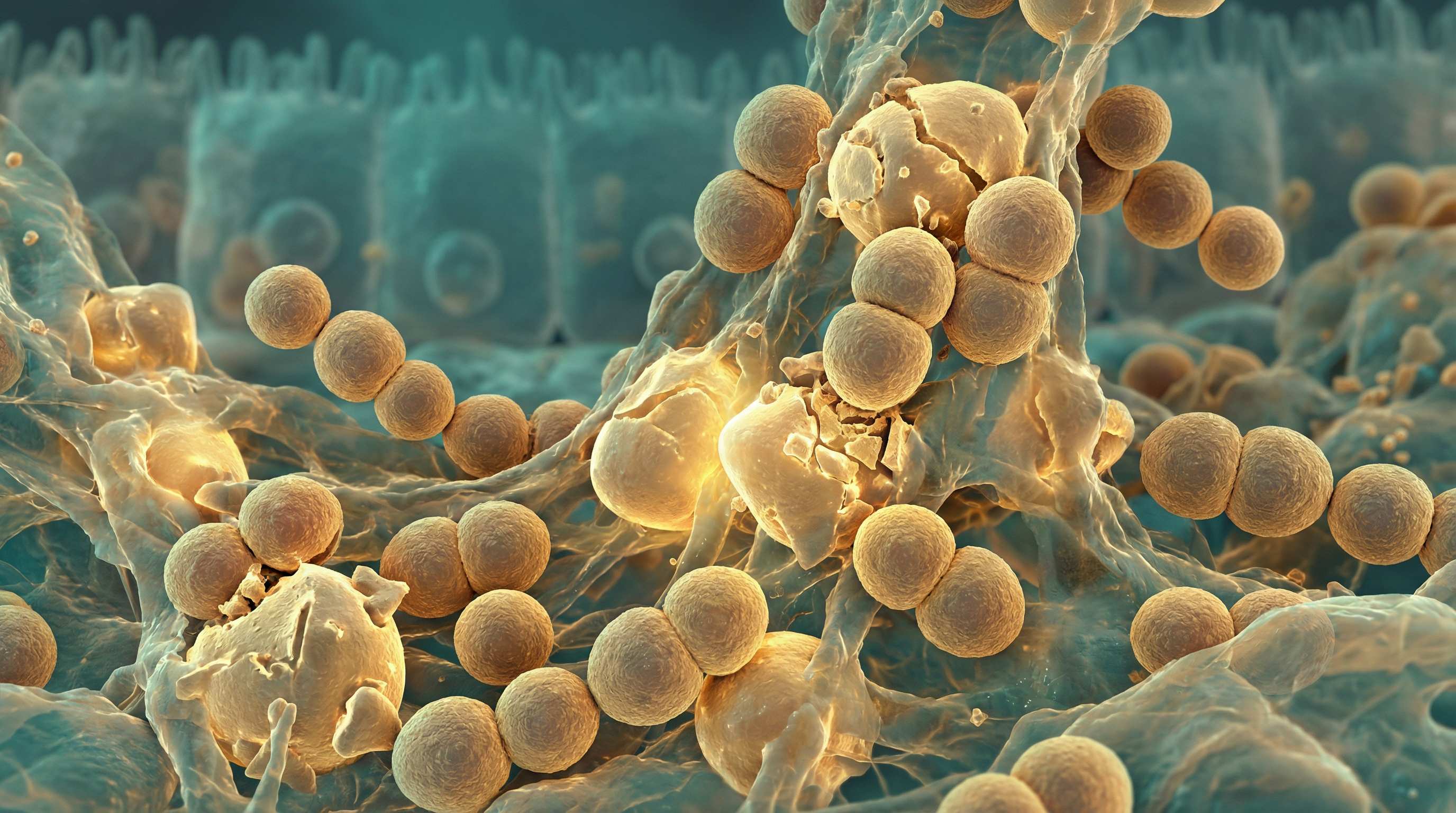 Scientifically accurate microscopy-style illustration of Ruminococcus bromii showing its characteristic gram-positive spherical coccus arranged in pairs or chains