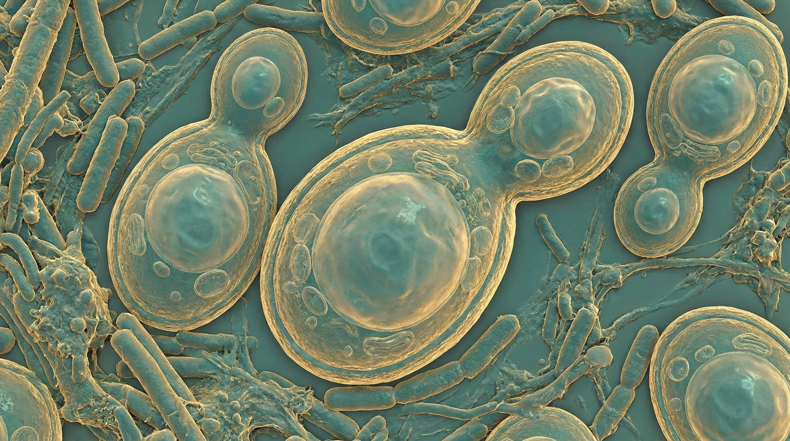 Scientifically accurate microscopy-style illustration of Saccharomyces boulardii showing its characteristic large oval budding yeast cells with prominent vacuoles and thick cell wall
