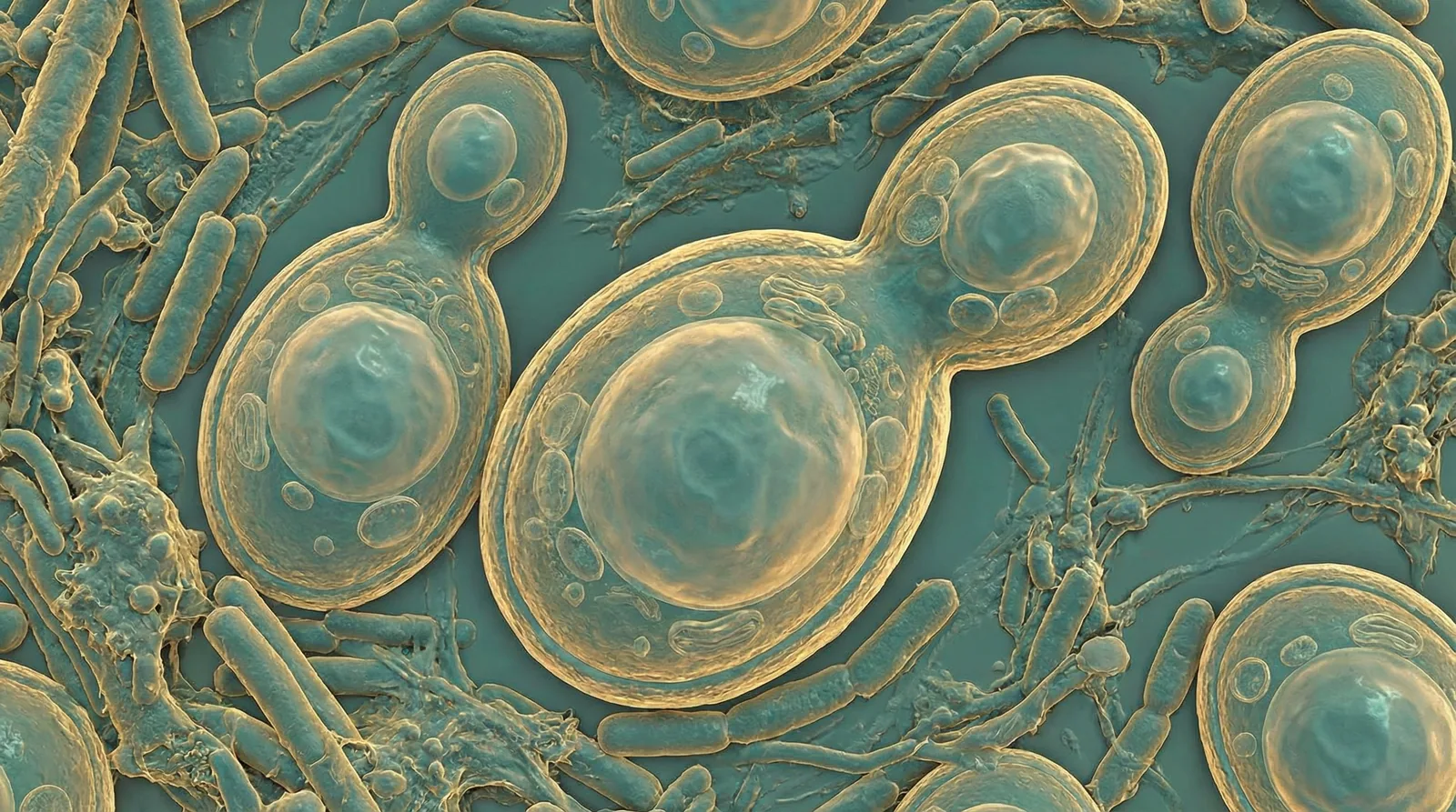 Scientifically accurate microscopy-style illustration of Saccharomyces boulardii showing its characteristic large oval budding yeast cells with prominent vacuoles and thick cell wall