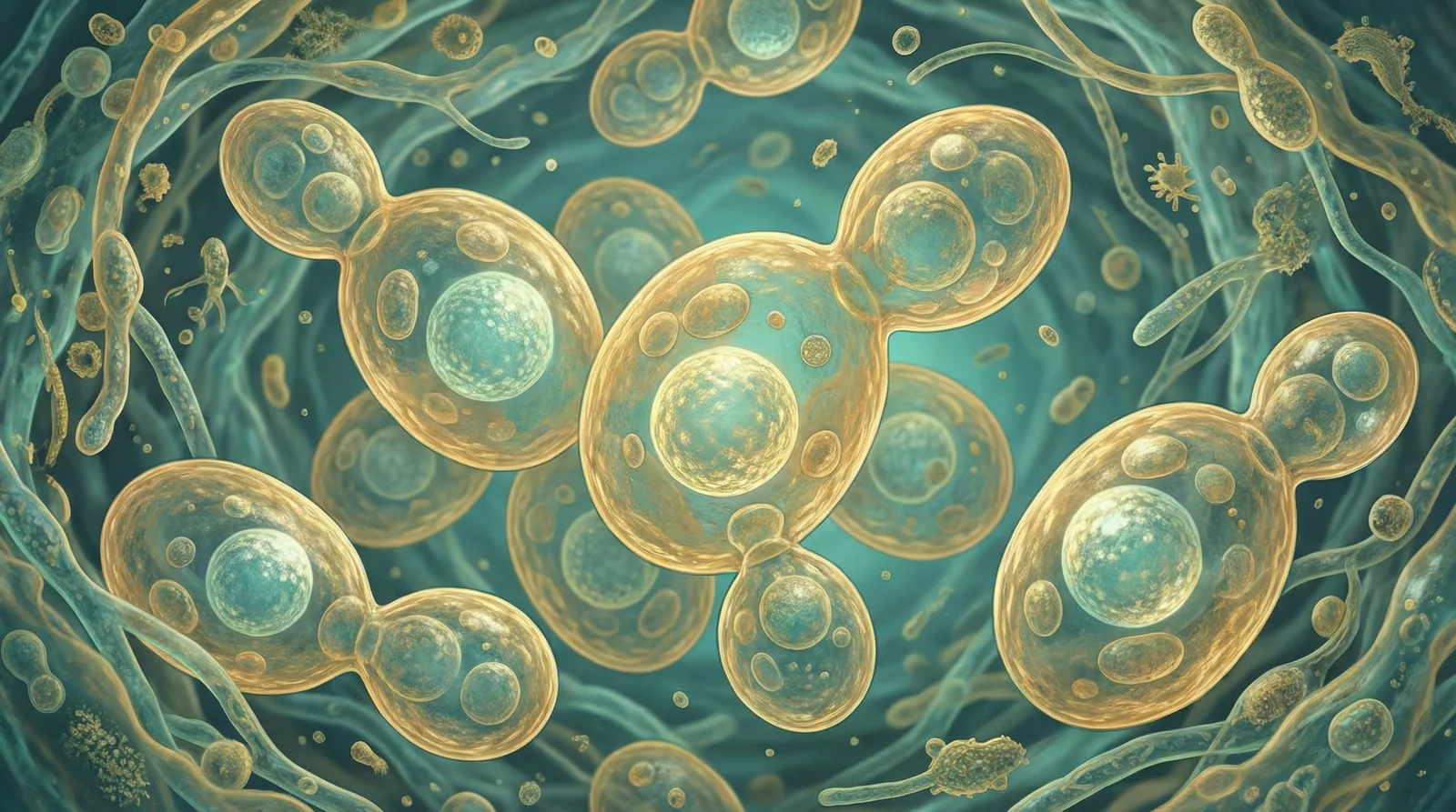 Scientifically accurate microscopy-style illustration of Saccharomyces cerevisiae showing its characteristic large oval budding yeast cells with prominent vacuoles
